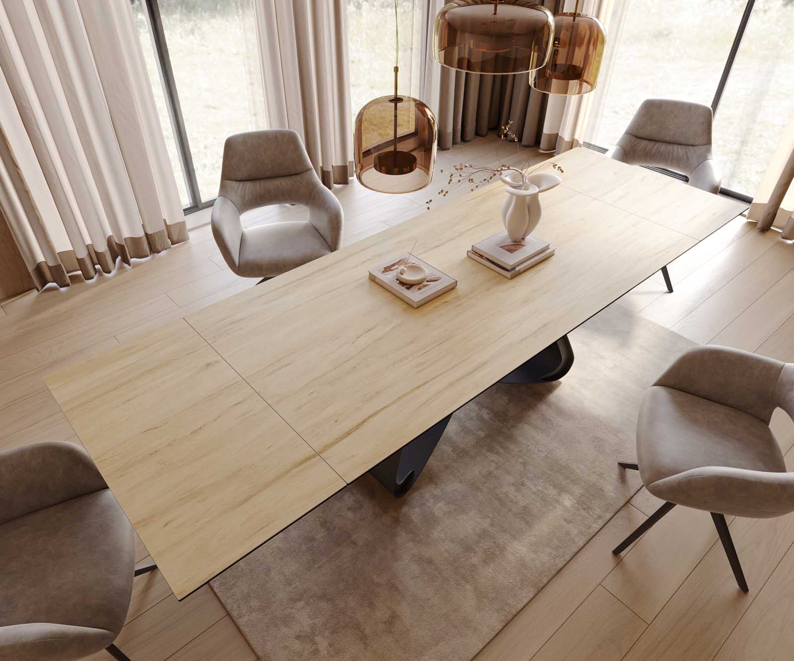 Table à manger Edge 200-300x100 céramique Laminam® Sabbia couleur chêne cadre en W noir extensible 3