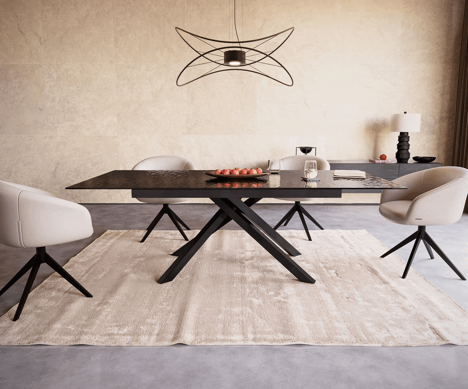 Table à manger Edge 180-220x100 verre fondu noir fumé relief en 3D cadre croisé rectangulaire noir extensible 2