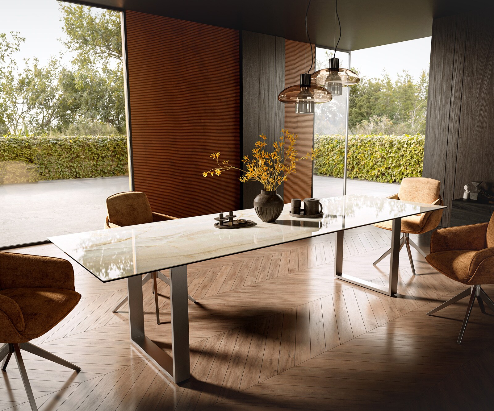 Table à manger Edge 300x100 Céramique Laminam® Onice Oro Acier inoxydable Étroit 1