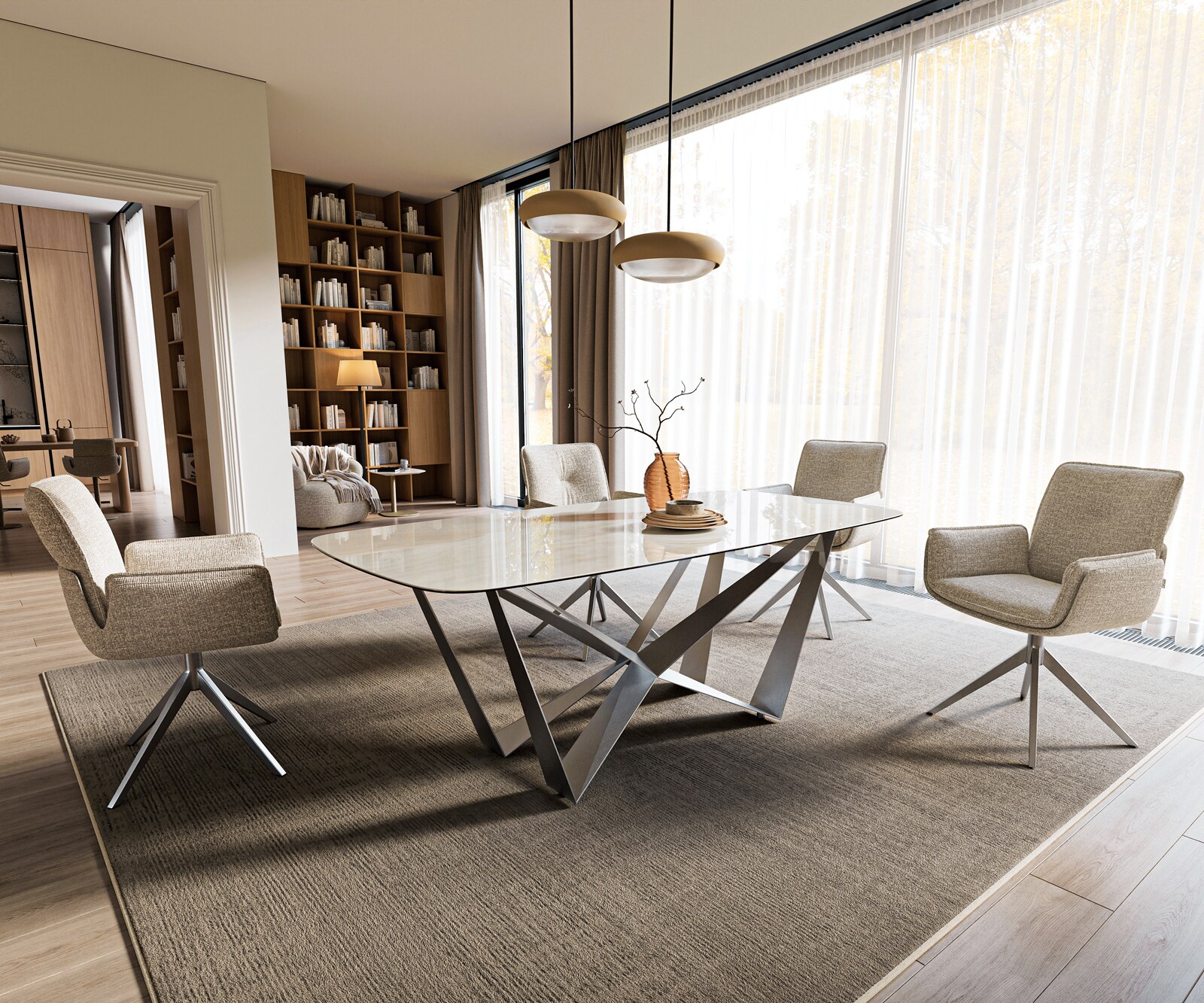 Table à manger Edge bateau 200x100 cm céramique Onyx Champagne Spider acier plat inox graphite 7