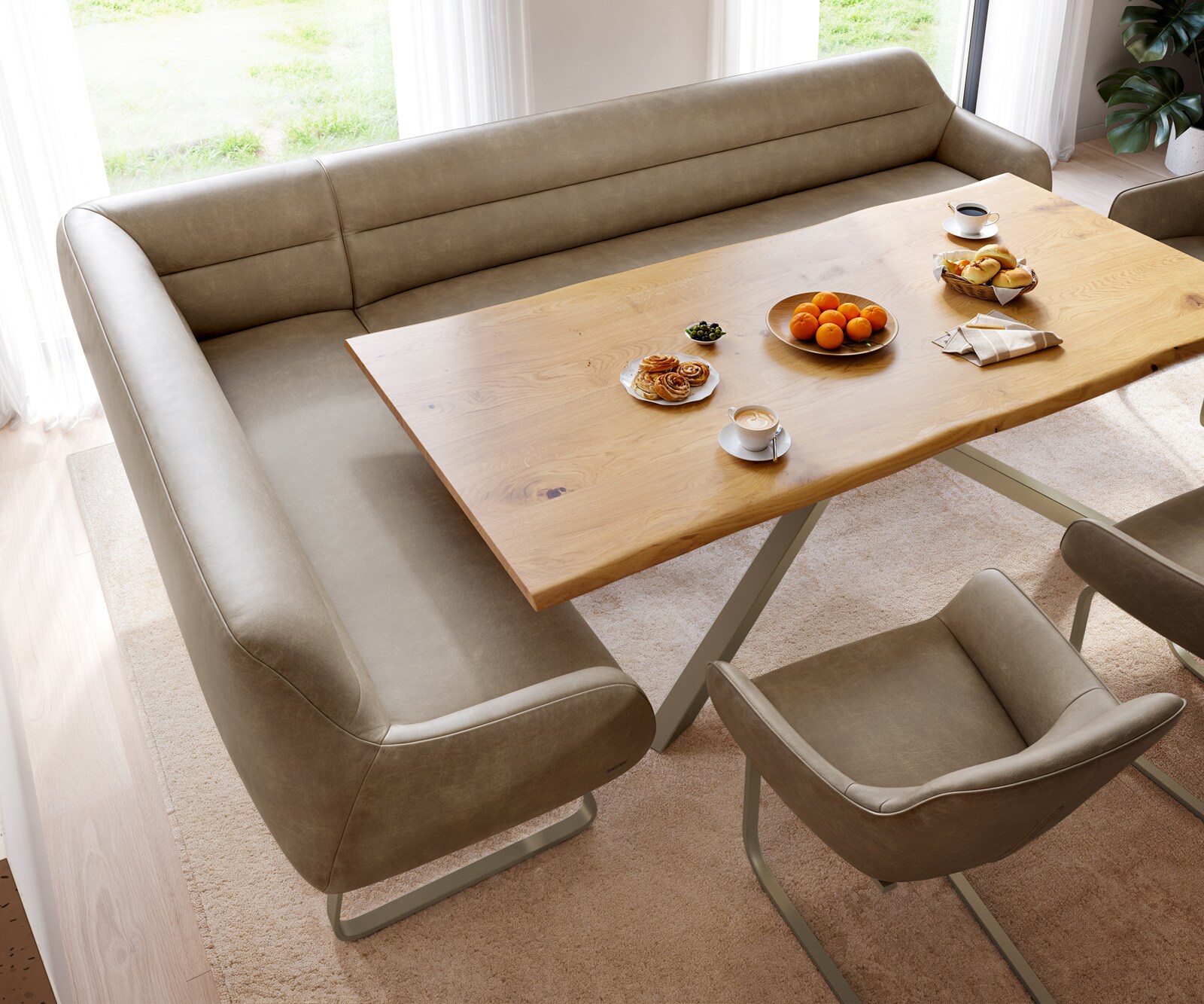 Banc-de-salle-à-manger Taya-Flex 285x190 cm microfibre beige vintage châssis à patins plat titane ressort ensaché à droite 4