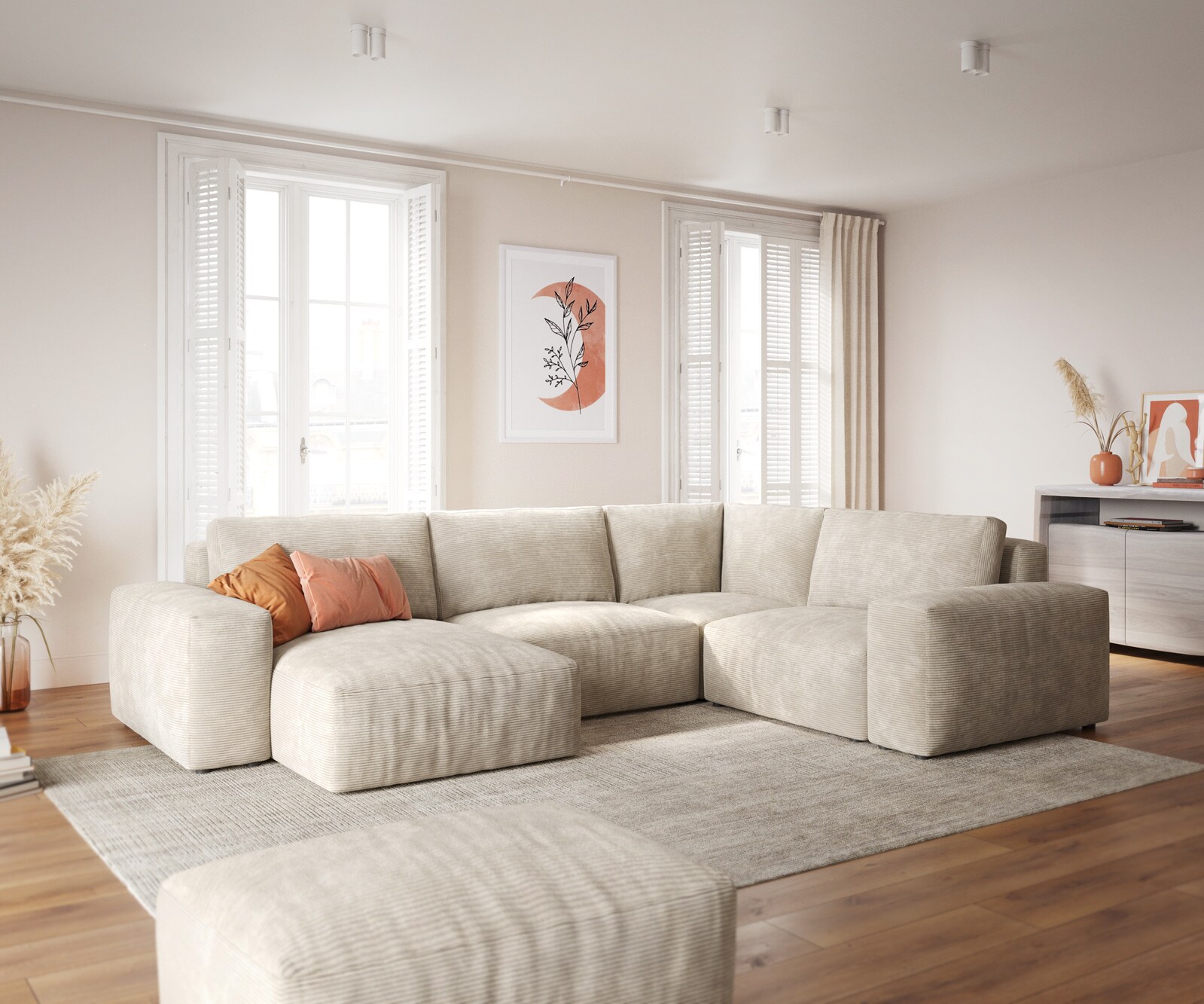 Grand canapé d’angle Lanzo 300x210 cm velours côtelé beige méridienne réversible avec pouf 1