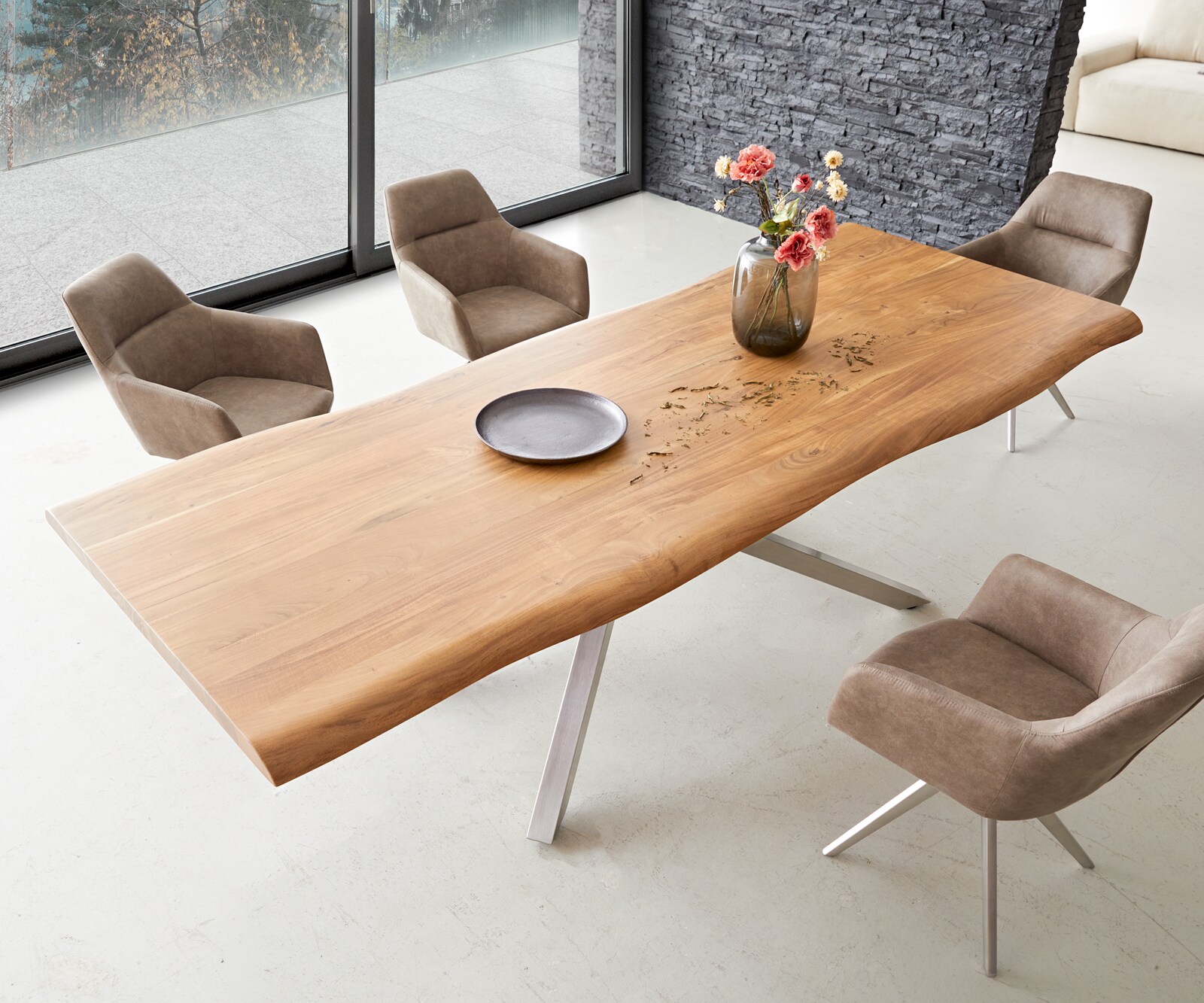 Table à manger Edge 260x100 XL acacia nature cadre croisé rectangle acier inoxydable Live-Edge 4
