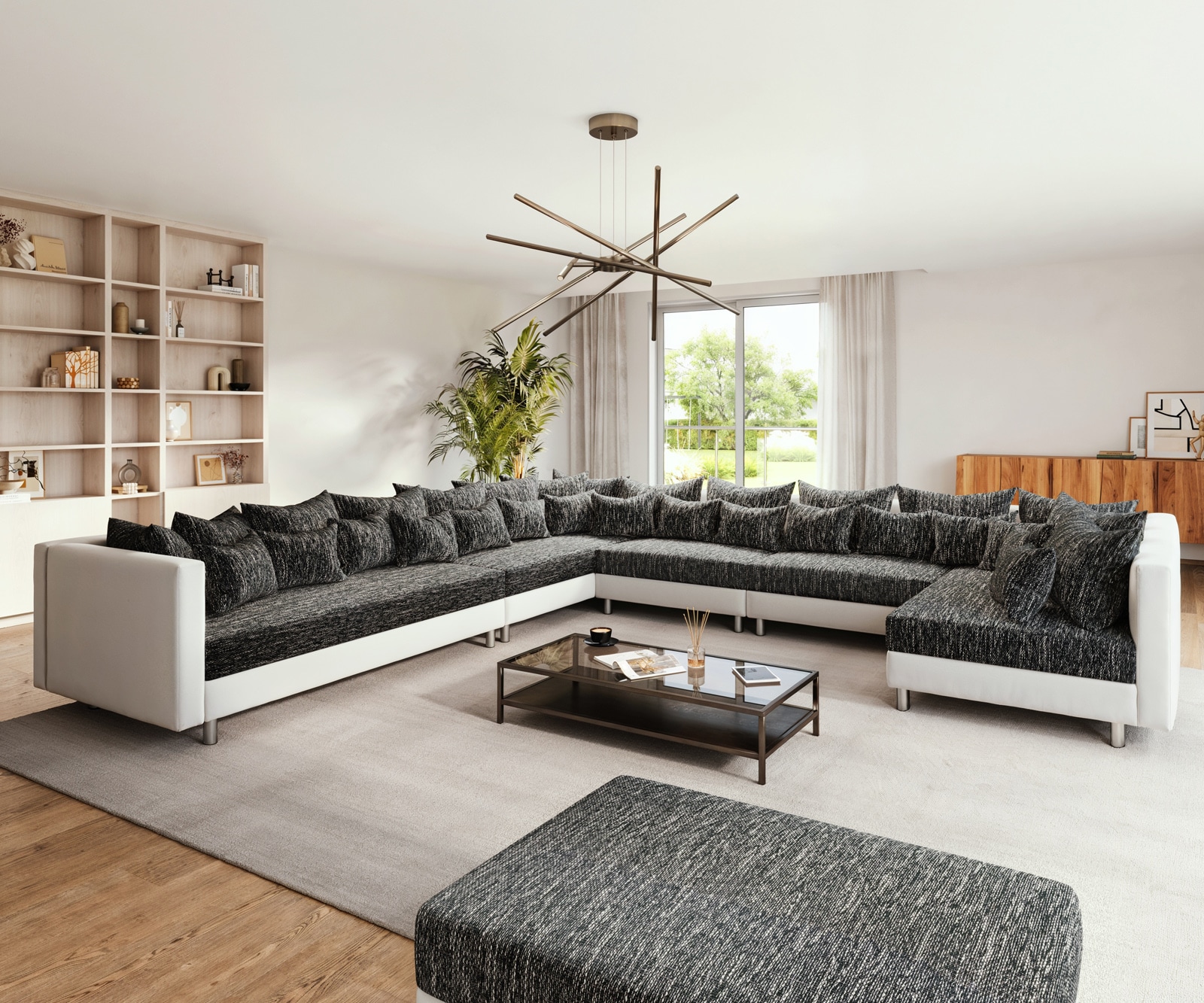 Canapé panoramique Clovis XXL Blanc Noir avec tabouret Pouf gauche Canapé panoramique Clovis XXL Blanc Noir avec tabouret Pouf gauche