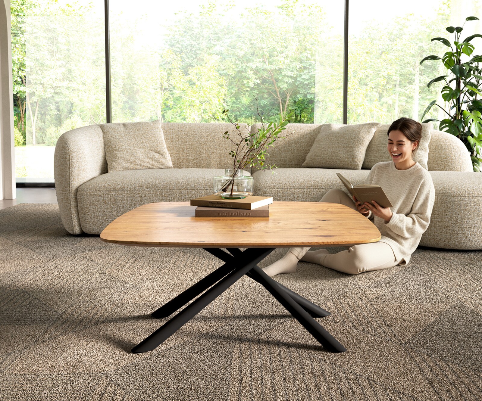 Table basse Edge Boot 90x90 cm chêne naturel bord suisse Sarity métal noir 2