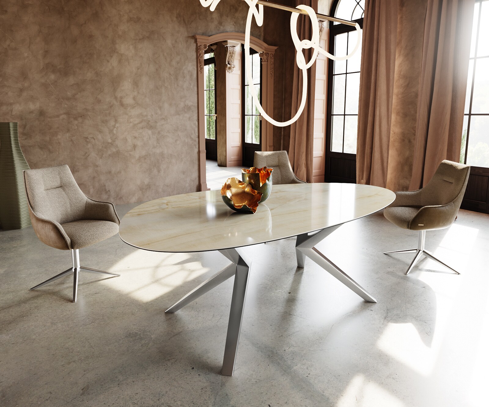 Table à manger Edge Ovale 220x120 Céramique Iris FMG Onice Oro Lucidato Nature​ Zenthara anguleux Acier inoxydable