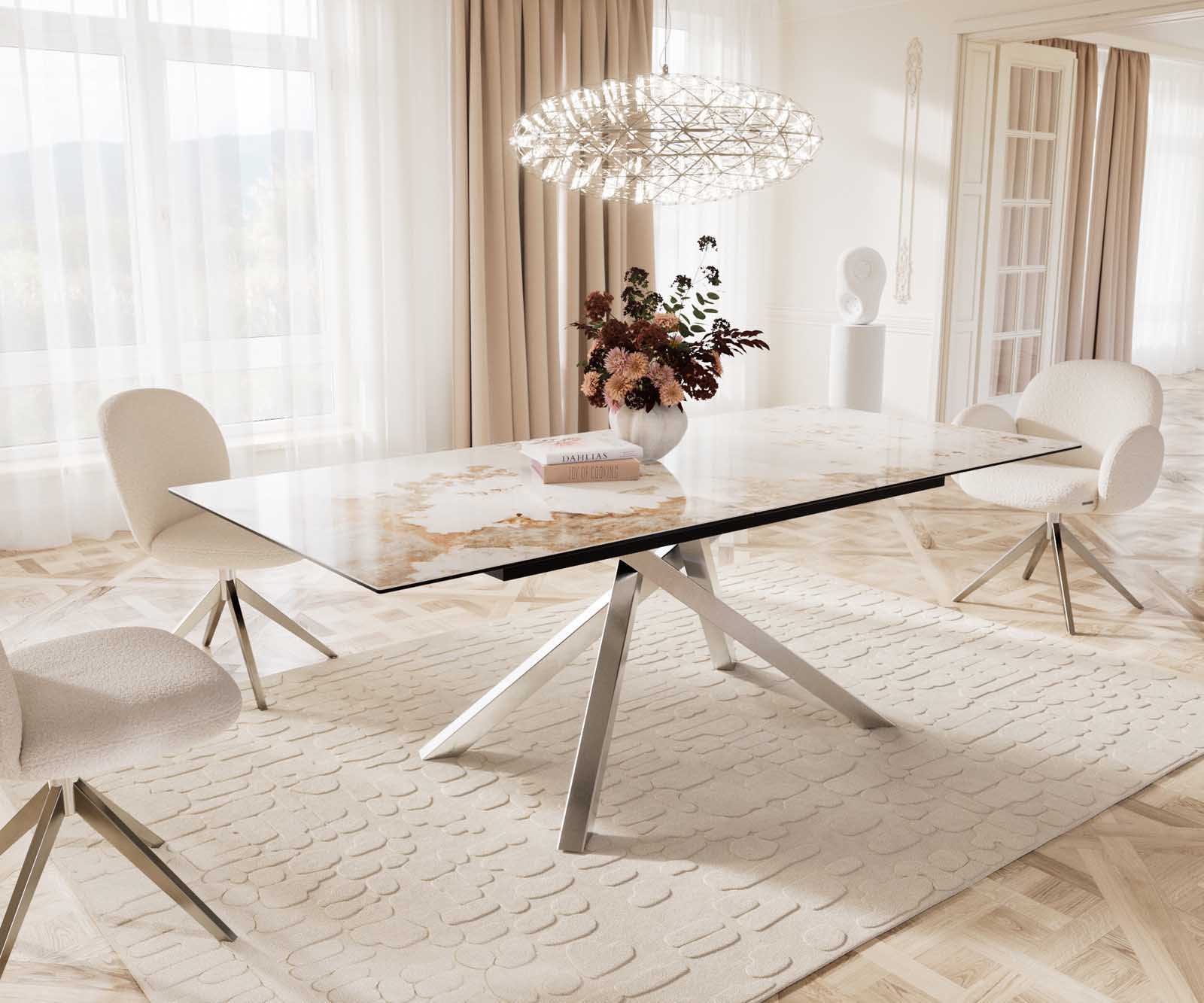 Table à manger Edge 180-220x100 céramique Minas mélange blanc-beige cadre croisé rectangulaire acier inoxydable extensible Table à manger Edge 180-220x100 céramique Minas mélange blanc-beige cadre croisé rectangulaire acier inoxydable extensible