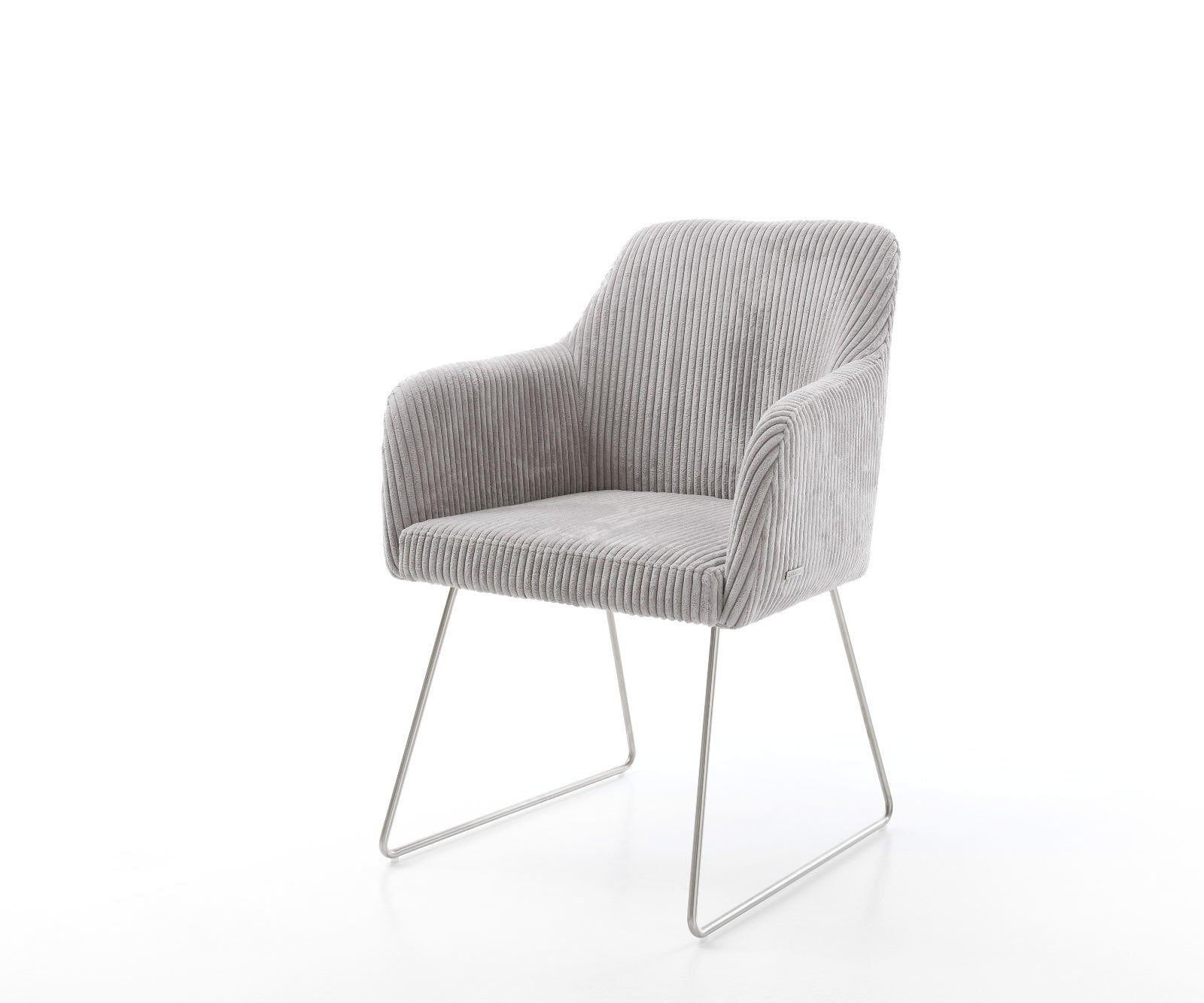 Chaise-de-salle-à-manger Greg-Flex côtelé gris argenté pied trapèze acier inoxydable brossé ressorts ensachés Chaise-de-salle-à-manger Greg-Flex côtelé gris argenté pied trapèze acier inoxydable brossé ressorts ensachés