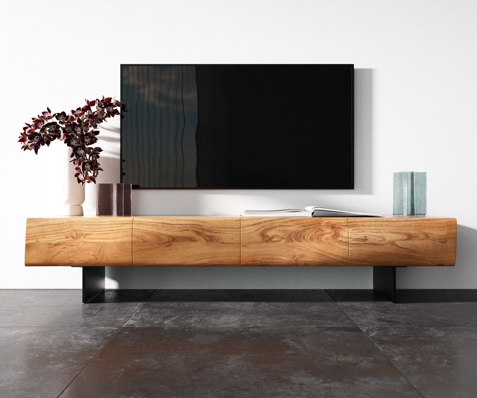 Meuble - TV  New Live-Edge 175 cm acacia naturel 4 portes pied flottant métal noir 4