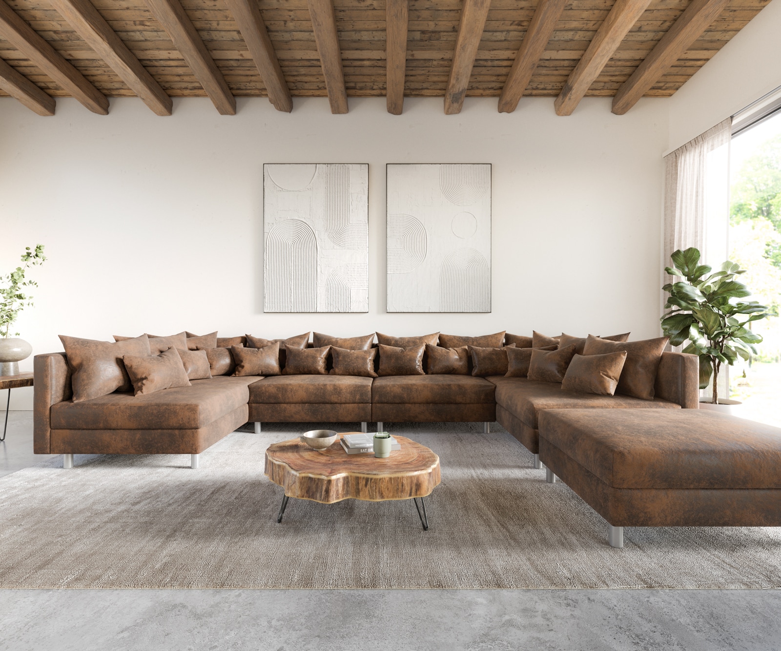 Canapé-panoramique Clovis XL marron look antique tabouret modulaire  1 Canapé-panoramique Clovis XL marron look antique tabouret modulaire  1