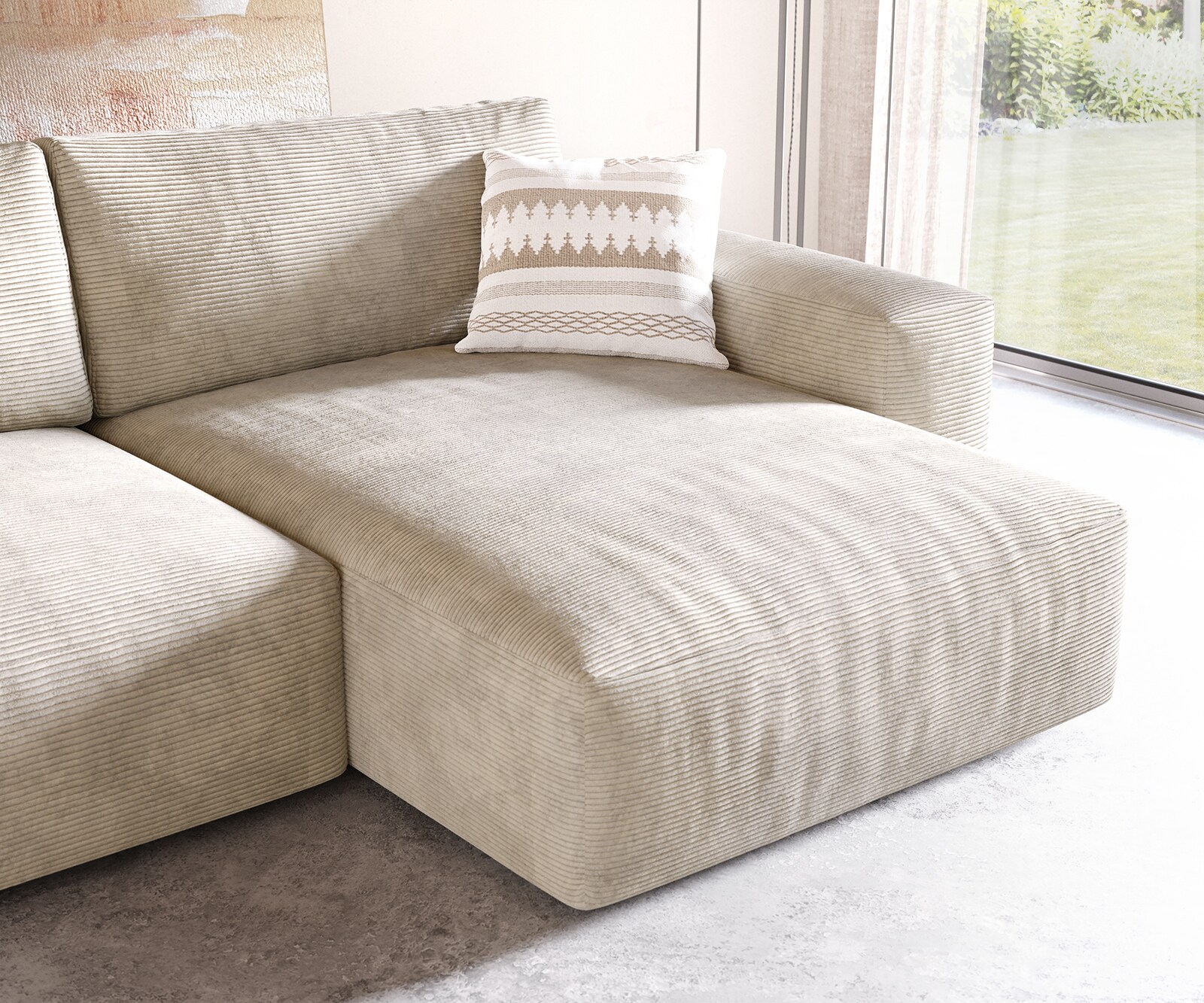 Canapé d'angle Lanzo XL 270x180 cm Velours côtelé Beige Recamière variable avec Tabouret 5