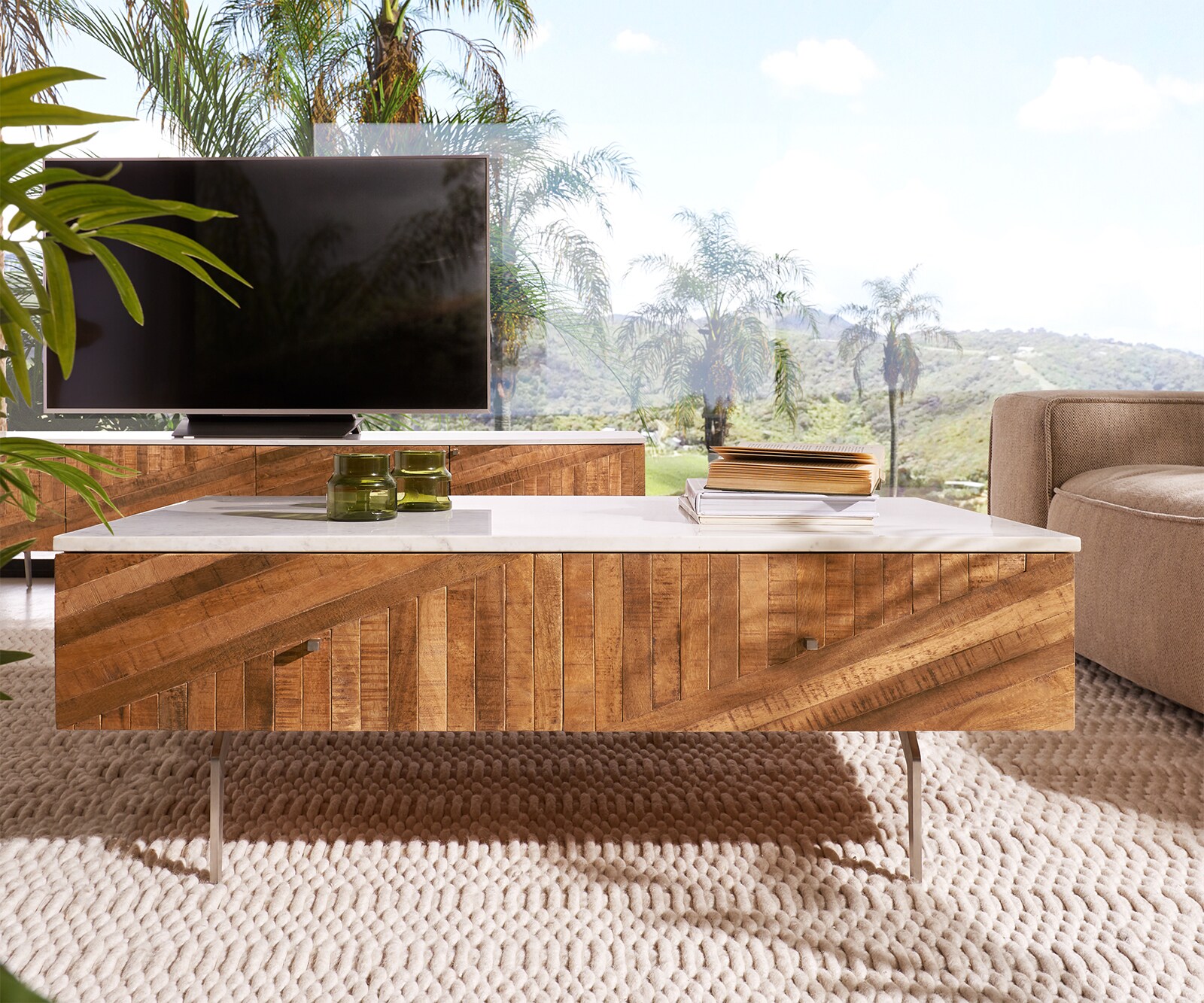 Table basse Bahan 115x60 cm Mangue Teck 2 tiroirs Plateau marbre blanc pied d'angle en acier inoxydable 1