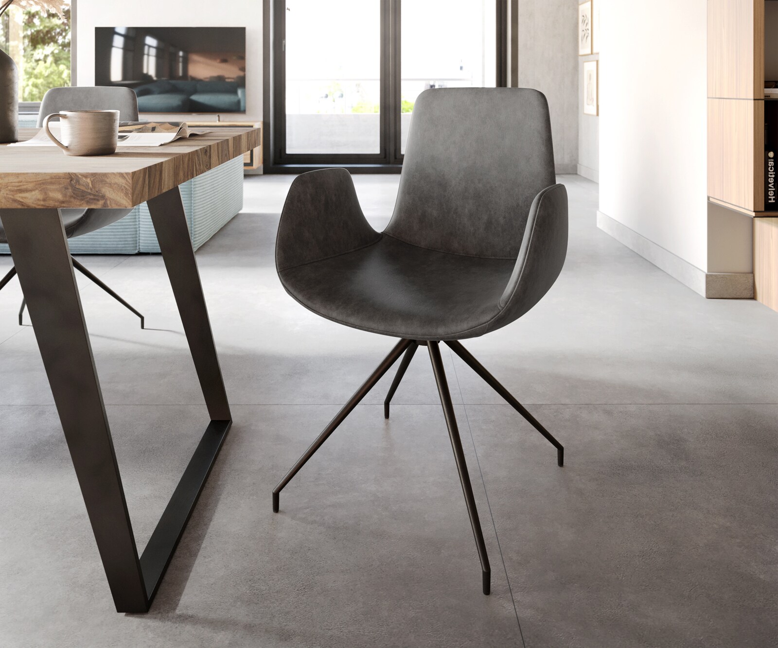 Chaise-de-salle-à-manger Ilia-Flex avec accoudoirs microvelours anthracite vintage pied croisé conique noir