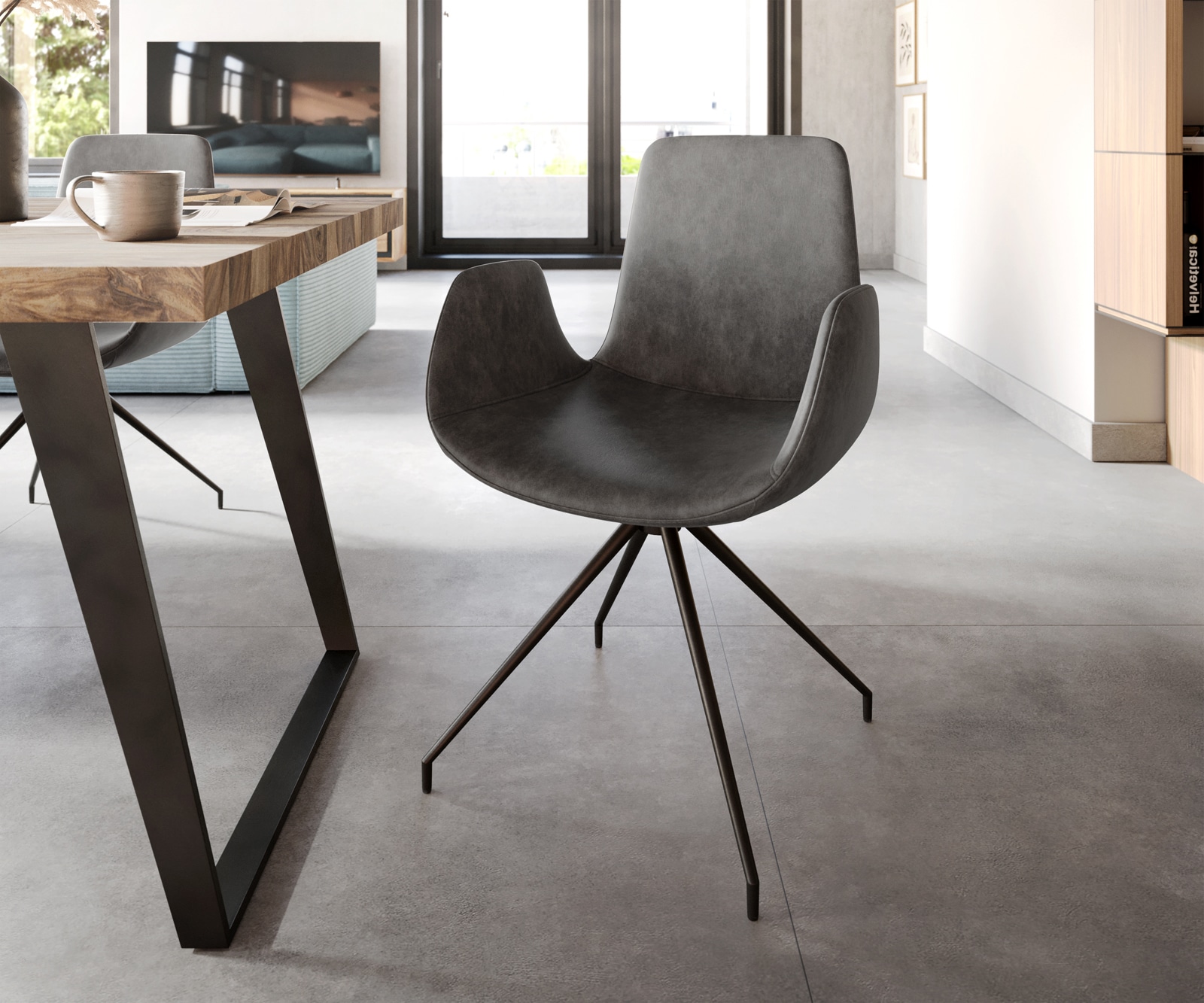 Chaise-de-salle-à-manger Ilia-Flex avec accoudoirs microvelours anthracite vintage pied croisé conique noir Chaise-de-salle-à-manger Ilia-Flex avec accoudoirs microvelours anthracite vintage pied croisé conique noir