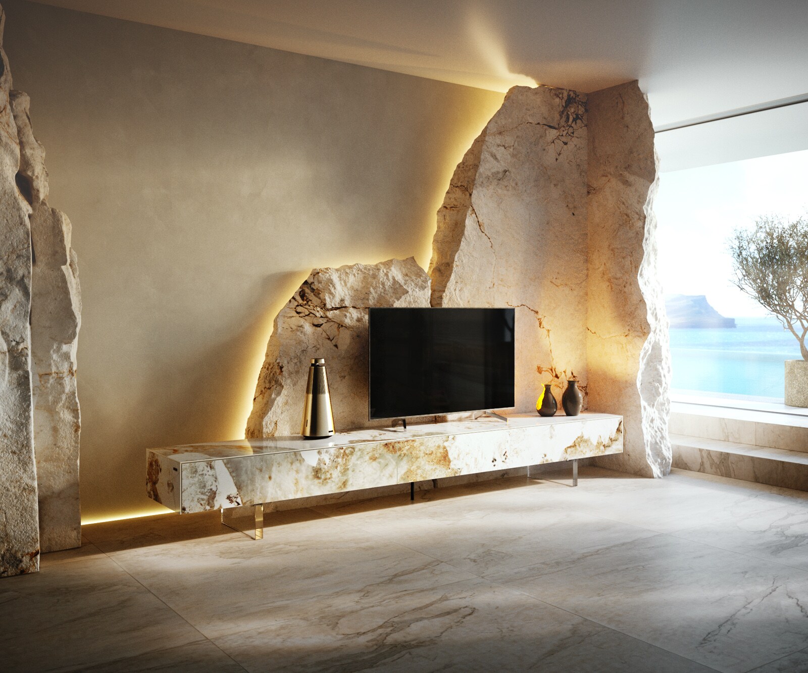 Meuble-TV Cuor 250 cm Céramique Minas Melange Blanc-beige 1 Clapet 1 Tiroir Pied optique flottant Verre acrylique 1