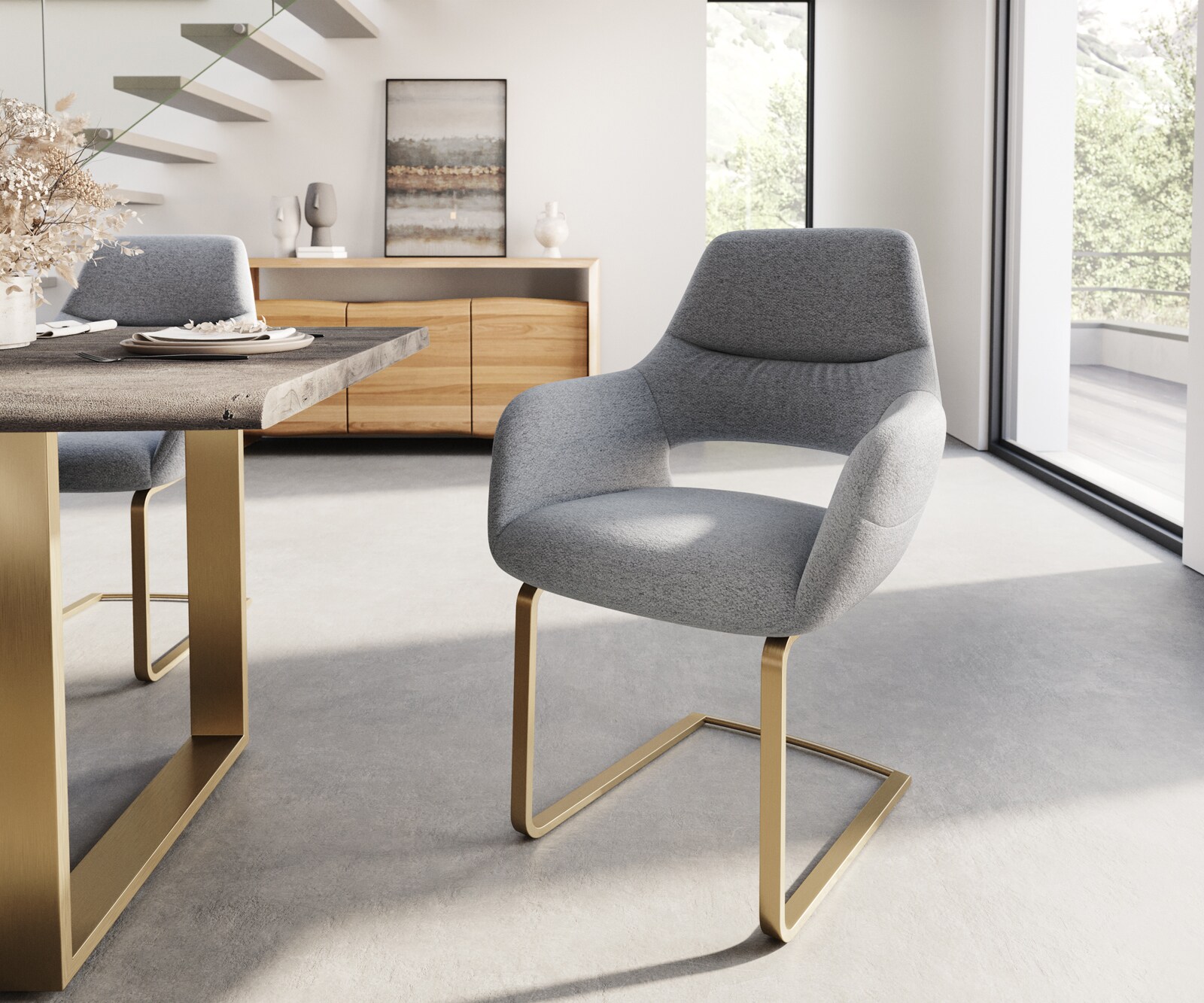Cantilever Yago-Flex avec accoudoirs tissu texturé gris clair pied cantilever plat or ressorts ensachés