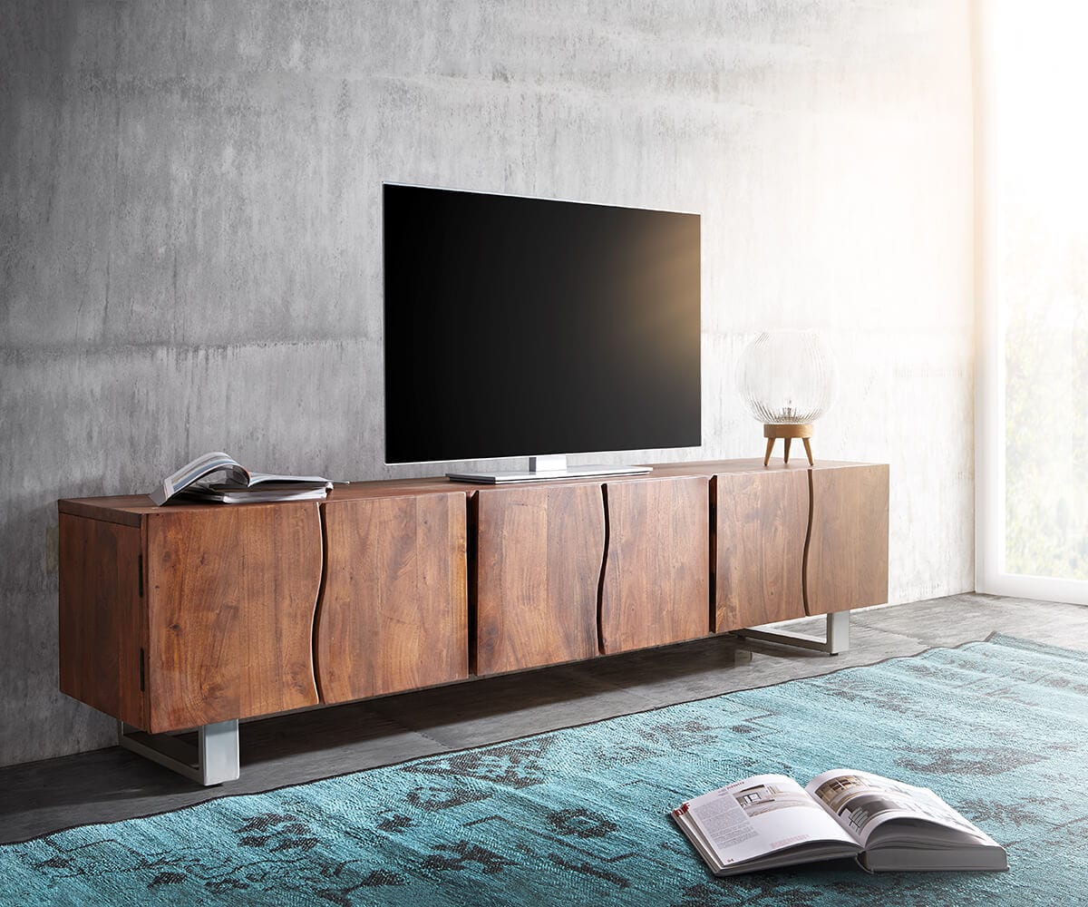 Meuble-TV Live-Edge 220 cm Acacia Marron en bois massif 6 portes Meuble-TV Live-Edge 220 cm Acacia Marron en bois massif 6 portes