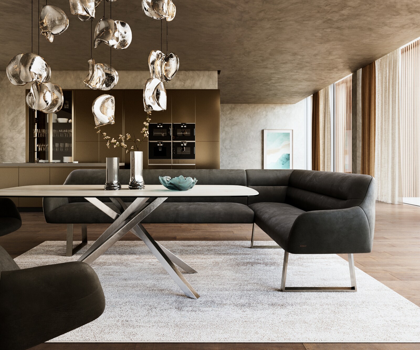 Banc-de-salle-à-manger Taya-Flex 285x190 cm microfibre antracite vintage piètement à patins angulaire acier inoxydable ressort ensaché liens 2