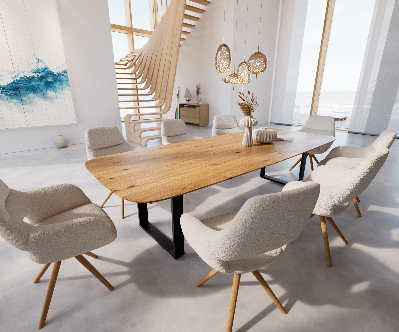 Table à manger Edge Boot 300x120x2,5-3 chêne nature patin noir bord suisse 5