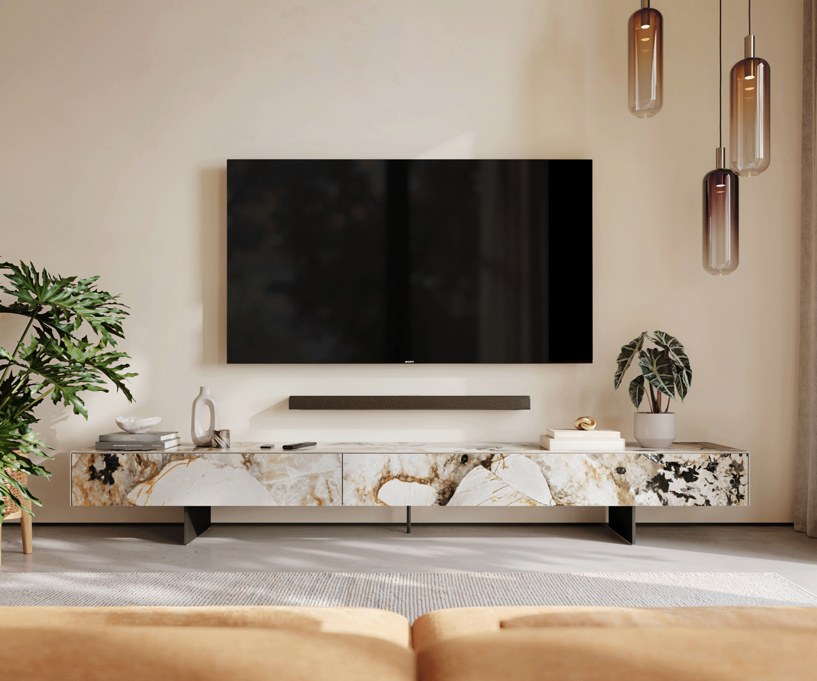 Meuble-TV Cuor 250 cm Céramique Patagonia raffinée 1 Clapet 1 Tiroir Pied optique flottant Métal Noir 2