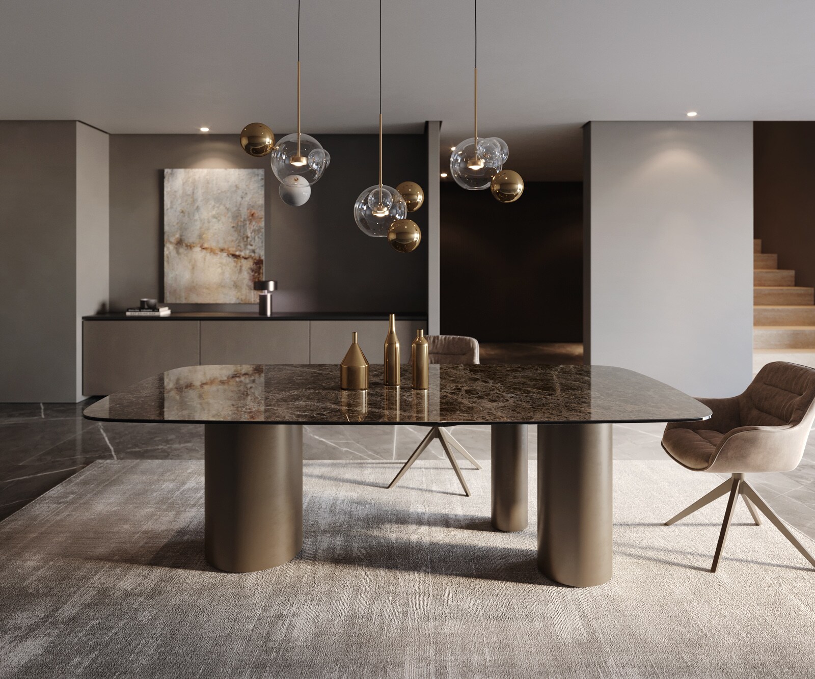 Table de salle à manger Edge Boot Céramique Emperador Extra Lucidato Brun foncé 240x120 Troa Métal finition effet Titane 1