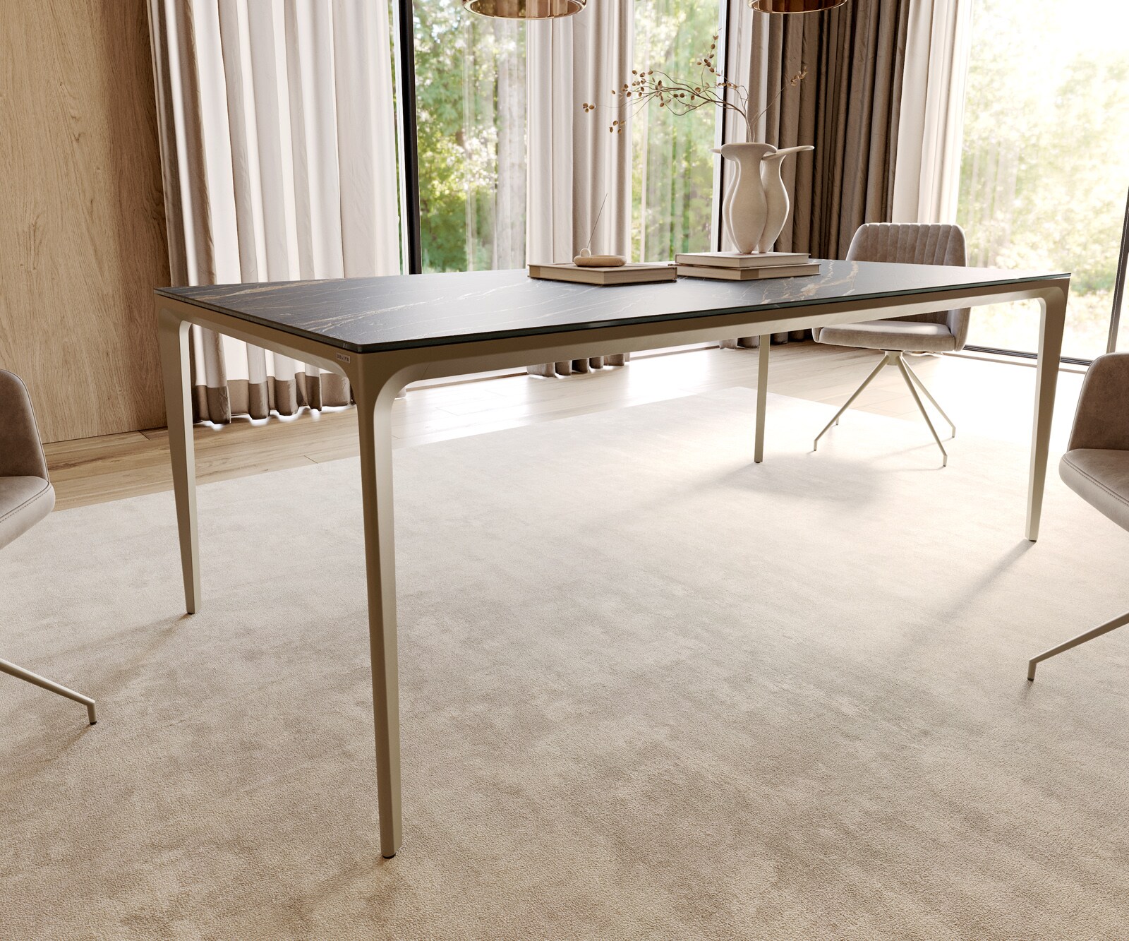 Table-à-manger Escina 200x100 cm Céramique Laminam®Noir Desir Marron Piétement Aluminium 5