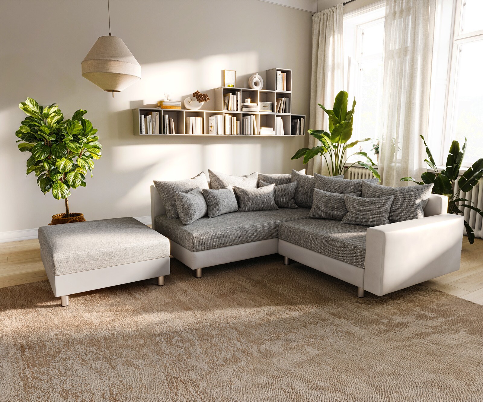 Canapé-d'angle Clovis Tabouret blanc gris clair Accoudoir Poufs gauche Canapé modulaire