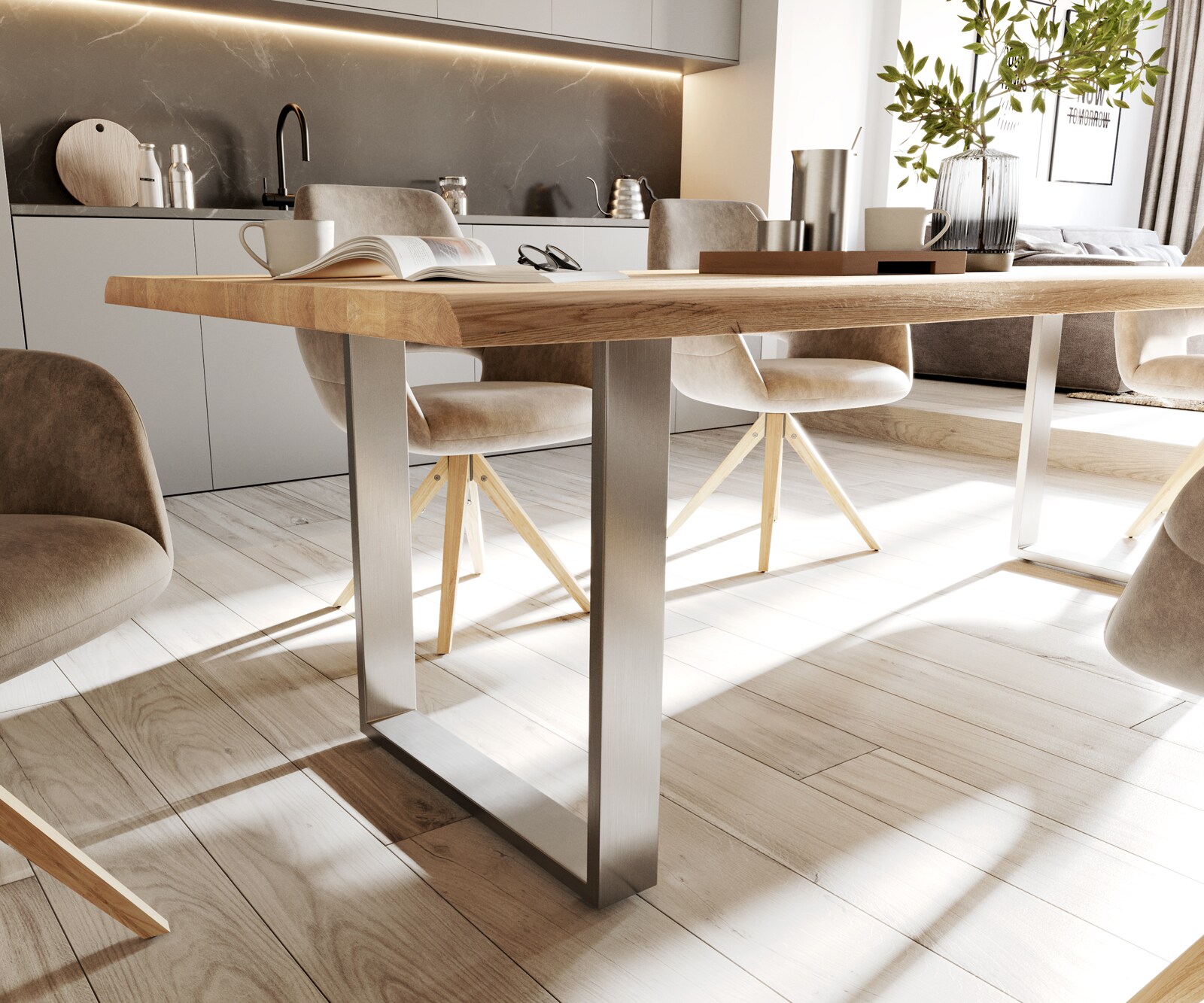 Table-à-manger Edge 260x100x2,5-3 chêne nature acier inoxydable mince Live-Edge 5