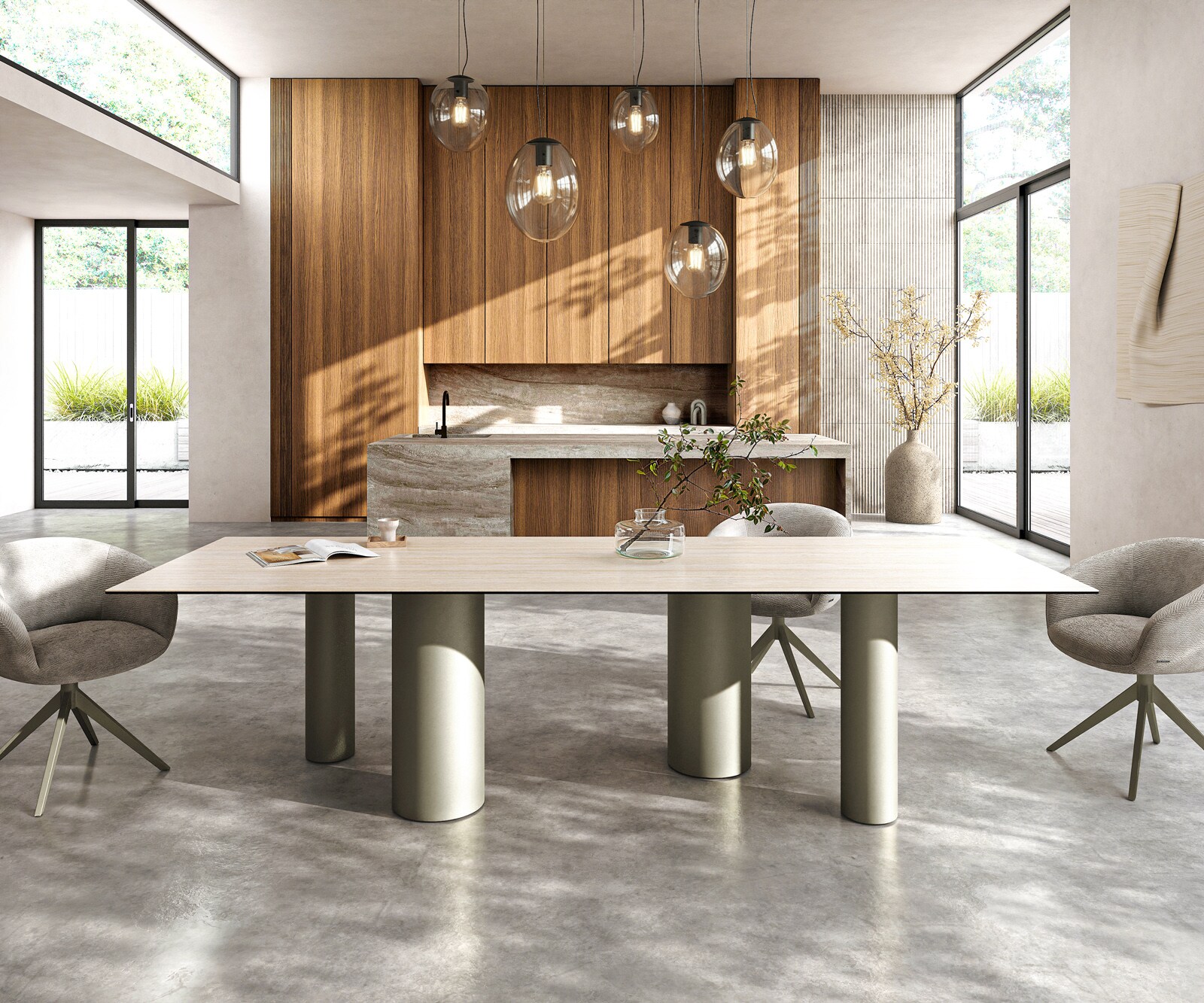 Table à manger Edge 300x100 céramique Laminam® Travertino Bianco crème-blanc Pilier métal effet finition titanee 2