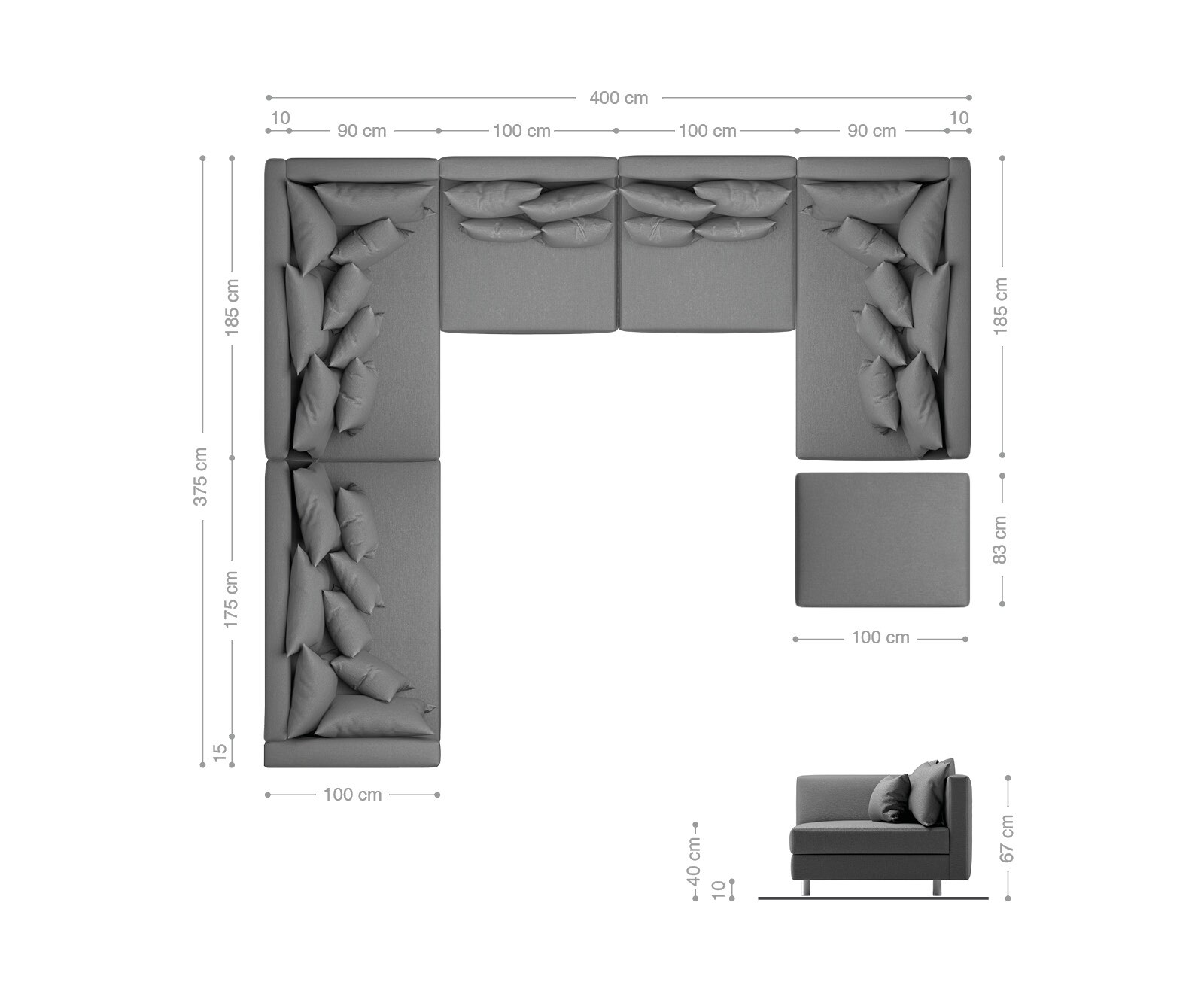 Canapé-panoramique Clovis XXL Tabouret noir pouf gauche Modulable 6
