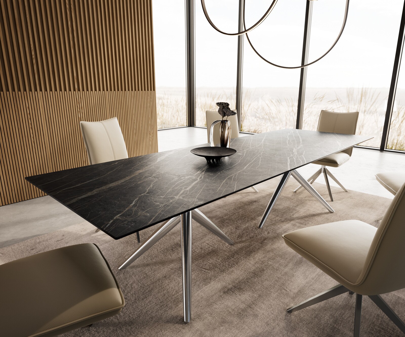 Table à manger Edge 300x100 Céramique Laminam®Noir Desir Marron Estelar rond Acier inoxydable 6