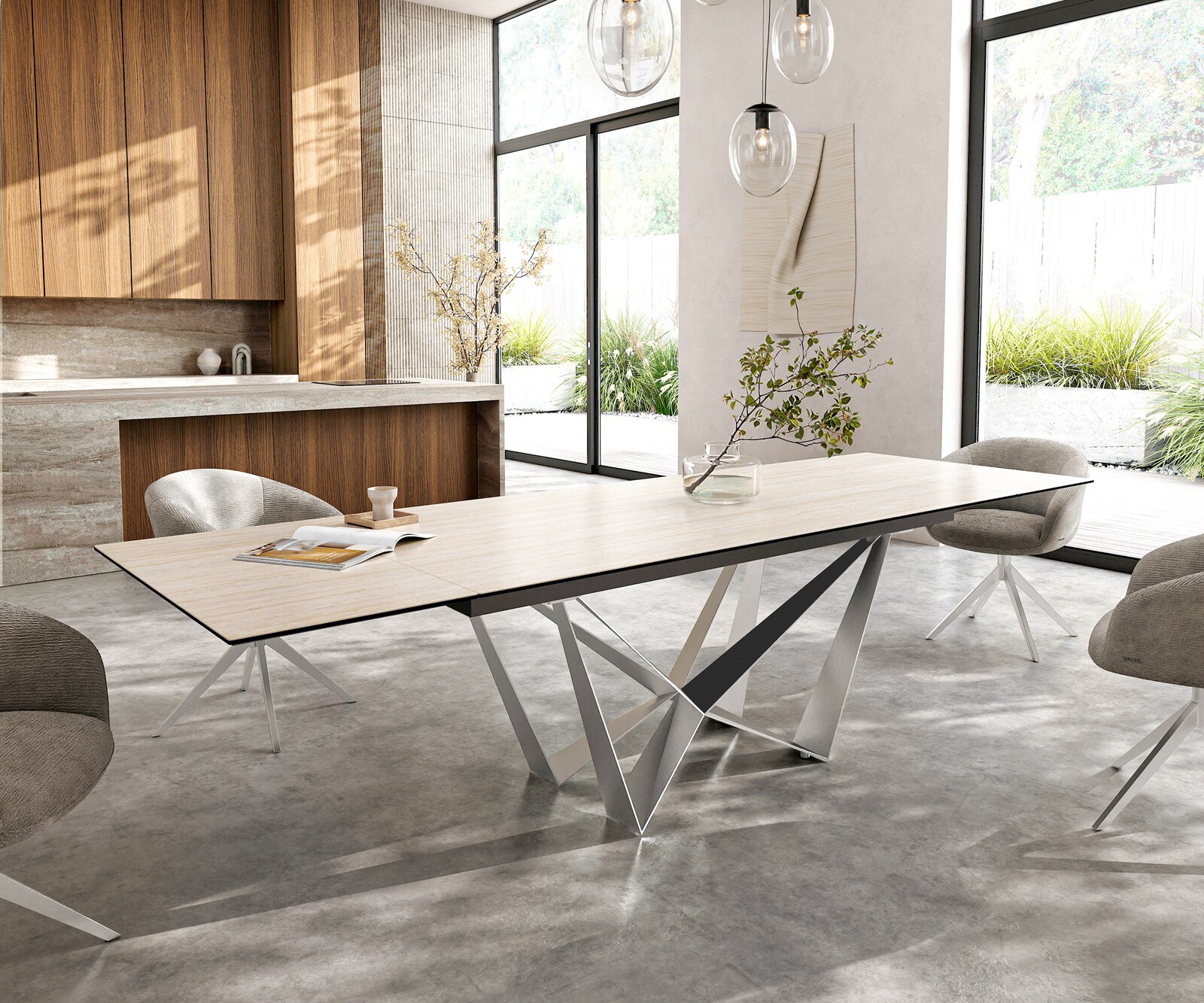 Table à manger Edge 200-300x100 céramique Laminam® Travertino Bianco crème-blanc Spider acier plat acier inoxydable extensible