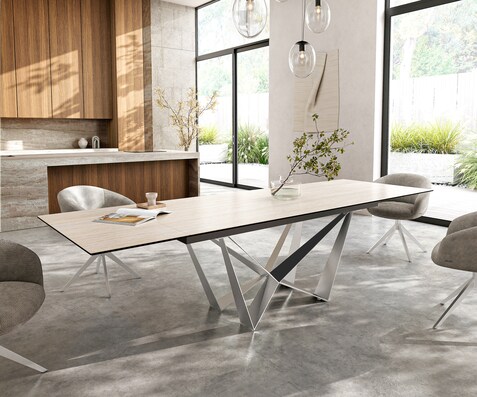 Table à manger Edge 200-300x100 céramique Laminam® Travertino Bianco crème-blanc Spider acier plat acier inoxydable extensible