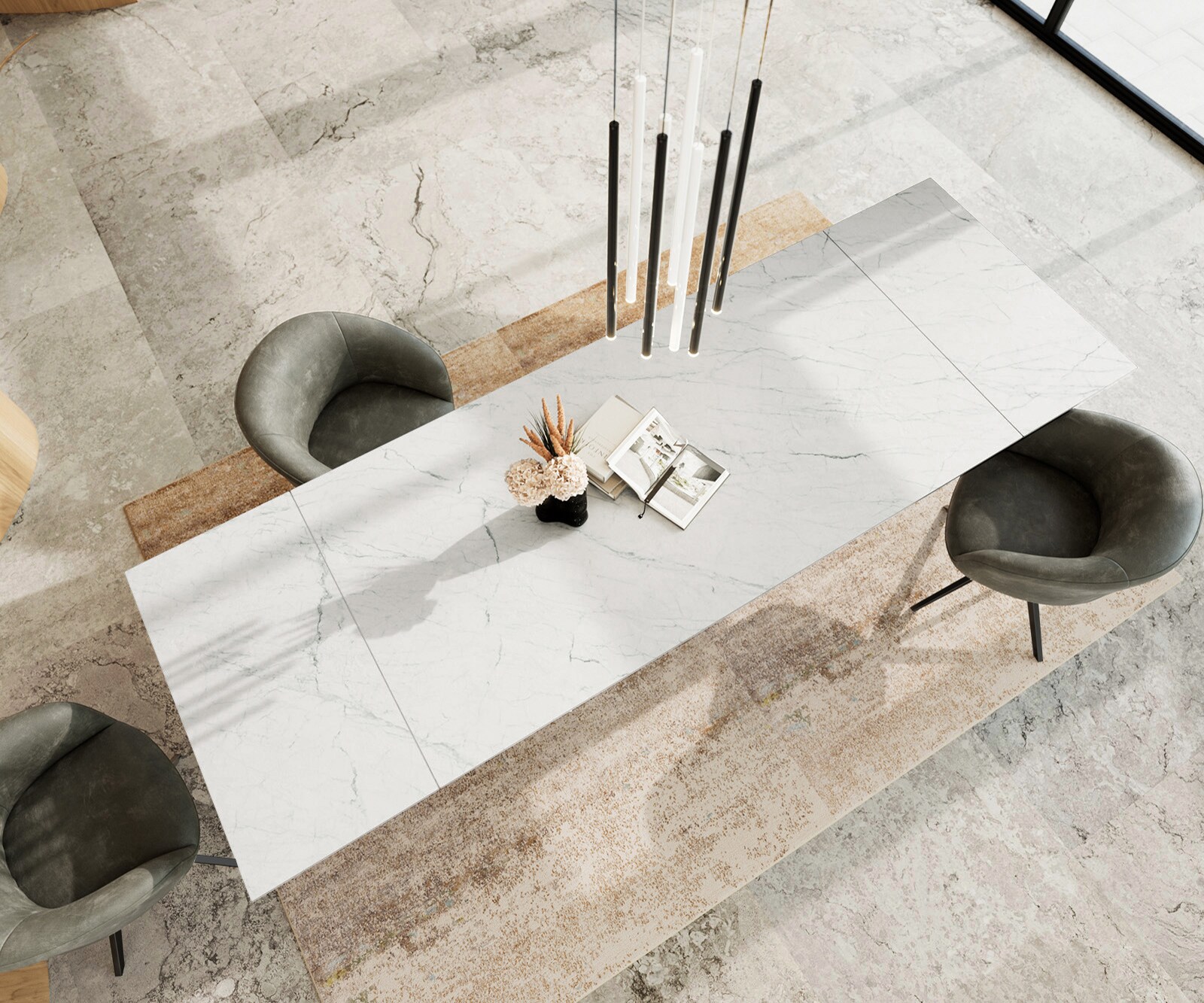 Table à manger Edge 200-300x100 cm Céramique Laminam®Statuarietto Blanc Infinity Métal Noir extensible 4