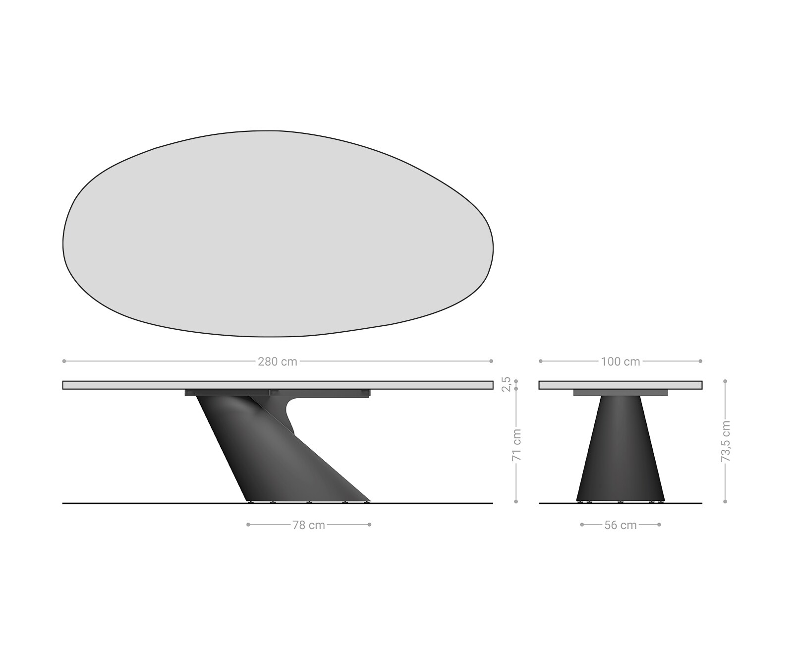 Table à manger Edge ovalee 280x130 verre en relief noir fumé 3D-Design Cono métallique argent 8