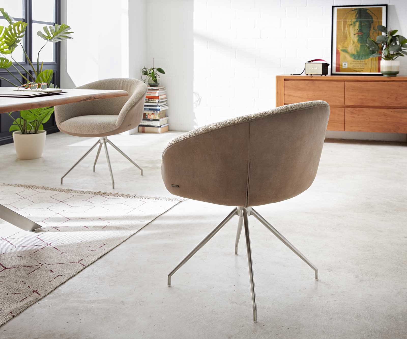 Chaise-pivotante Vinka-Flex avec accoudoirs tissu mixte couleur boue pied croisé conique acier inoxydable brossé pivotement sur 180° ressorts ensachés 4 Chaise-pivotante Vinka-Flex avec accoudoirs tissu mixte couleur boue pied croisé conique acier inoxydable brossé pivotement sur 180° ressorts ensachés 4