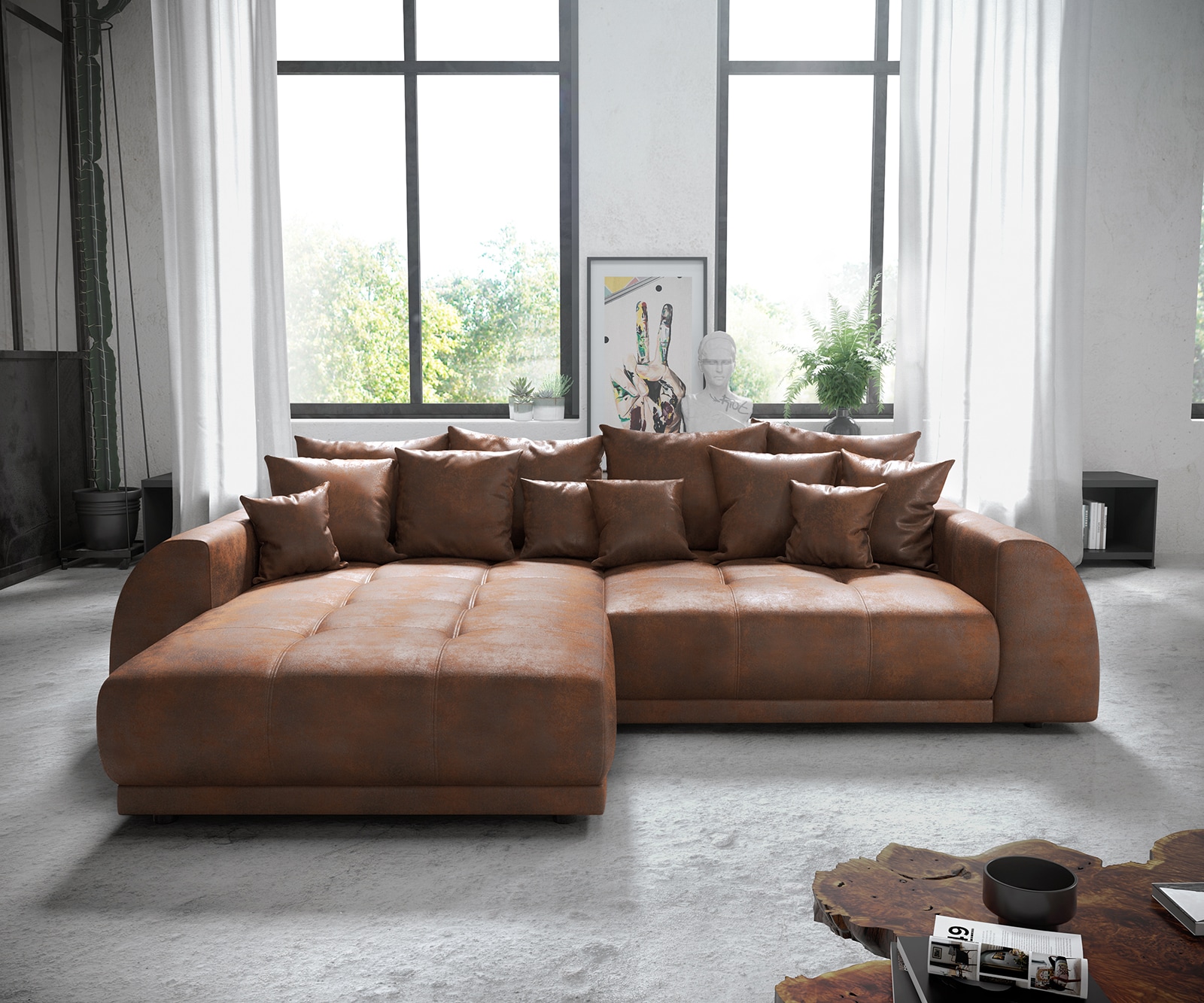 Canapé-d'angle Violetta 300 x 220 cm similicuir marron Recamière variable 1 Canapé-d'angle Violetta 300 x 220 cm similicuir marron Recamière variable 1