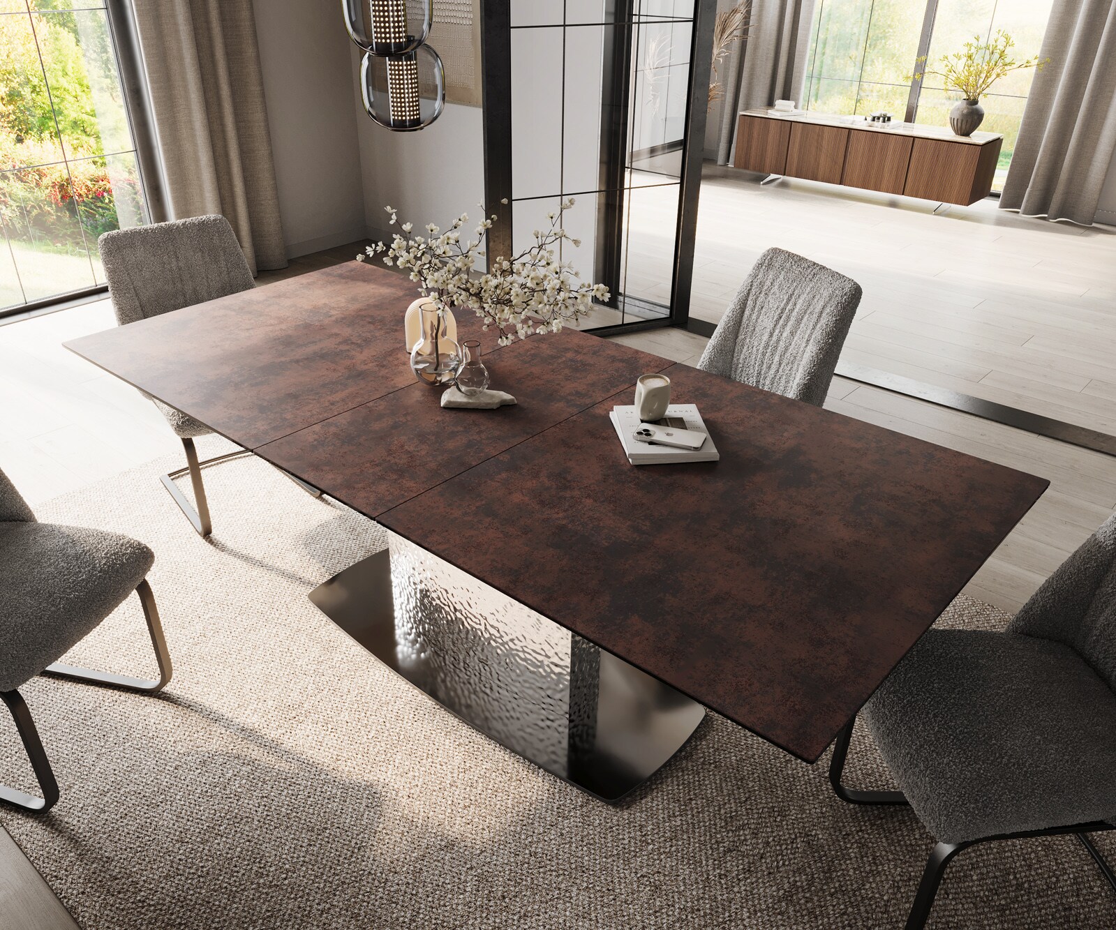 Table de salle à manger Edge 180-220x90 verre antique-brun Wave inox extensible 4