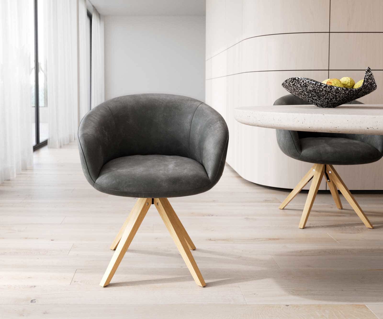 Chaise-pivotante Vinka-Flex avec accoudoirs microvelours anthracite vintage pied en bois angulaire naturel pivotement sur 180° ressorts ensachés 1 Chaise-pivotante Vinka-Flex avec accoudoirs microvelours anthracite vintage pied en bois angulaire naturel pivotement sur 180° ressorts ensachés 1