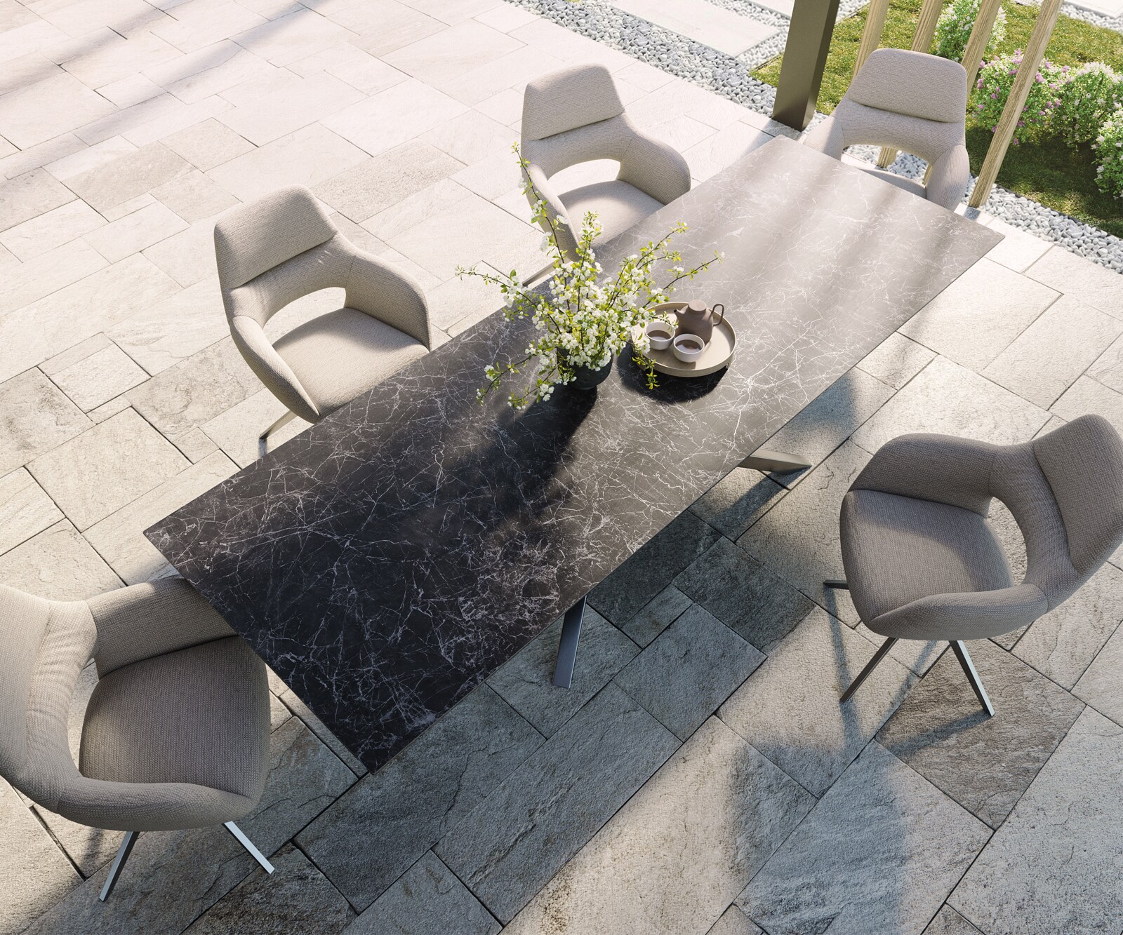 Table d’extérieur Edge 300x100 cm céramique Laminam® Nero Greco anthracite piètement croisé rectangulaire en acier inoxydable 3