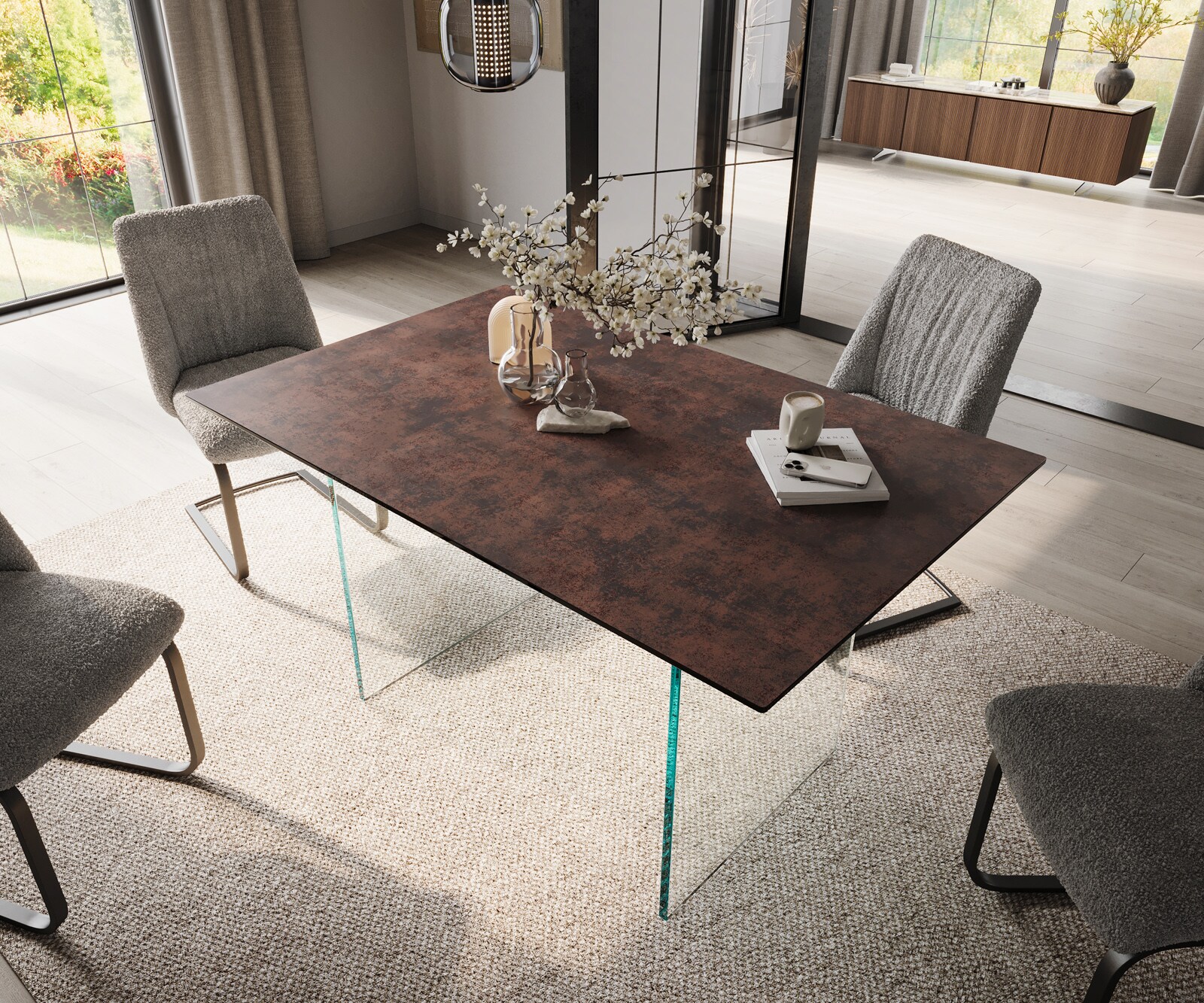 Table de salle à manger Edge 140x90 verre antique-brun piétement verre 4