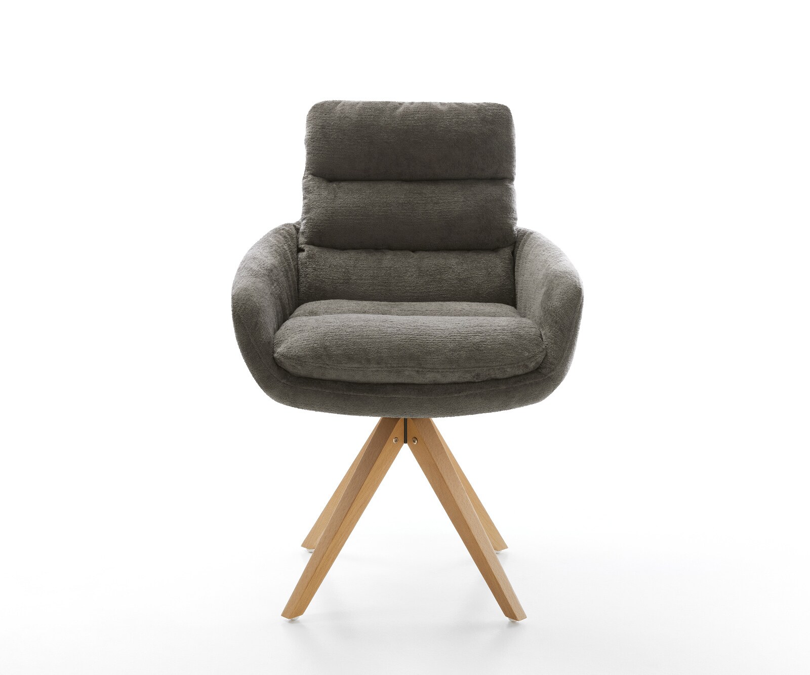 Chaise-pivotante Abelia-Flex avec accoudoirs bouclé doux couleur boue pied en bois angulaire naturel pivotement sur 180° 1