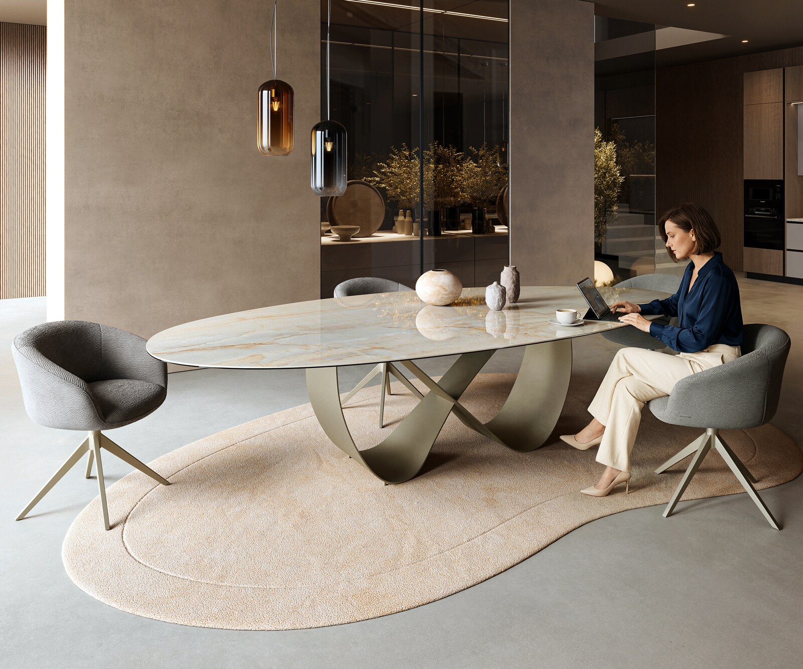 Table à manger Edge Oval 315x150 cm Céramique Iris FMG Onice Oro Infinity Métal Finition effet Titan 7