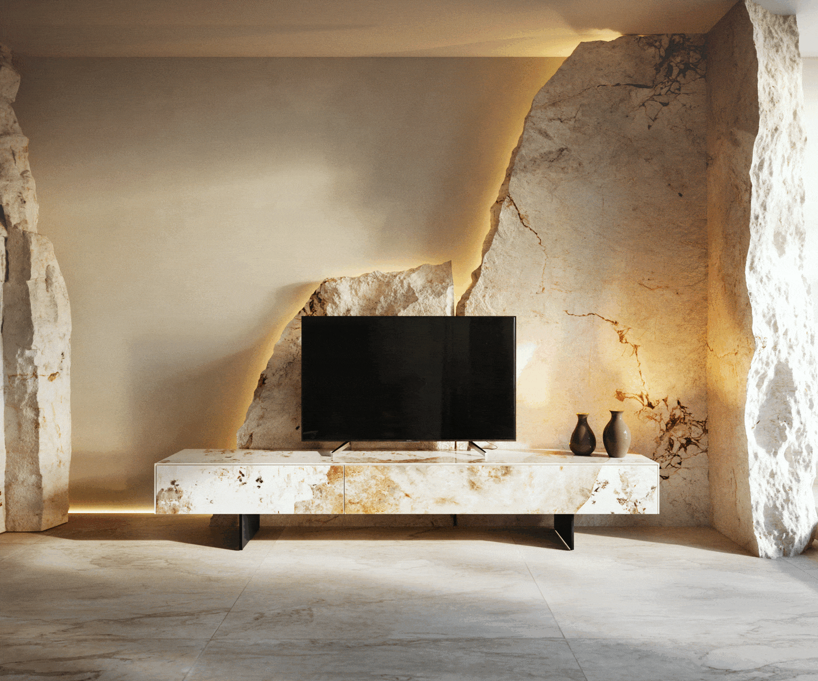Meuble-TV Cuor 200 cm Céramique Minas Melange Blanc-beige 1 Clapet 1 Tiroir Pied optique flottant Métal Noir 5