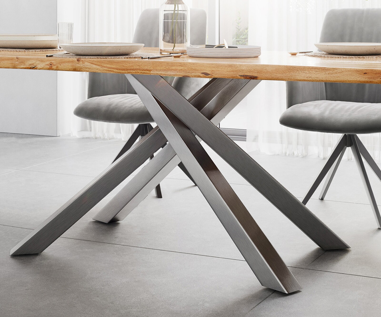 Table à manger Edge 200x100 acacia nature cadre croisé rectangle acier inoxydable Live-Edge 5