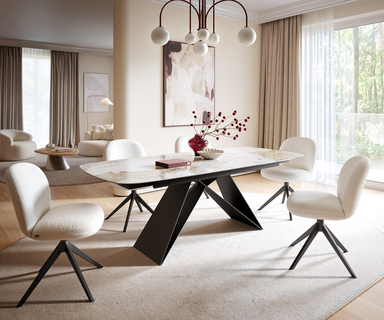 Table à manger Edge Boot 180-220x100 cm Céramique Minas Melange Blanc-Beige piètement en V Flachstahl Noir extensible 1