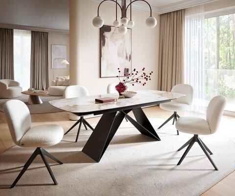 Table à manger Edge Boot 180-220x100 cm Céramique Minas Melange Blanc-Beige piètement en V Flachstahl Noir extensible