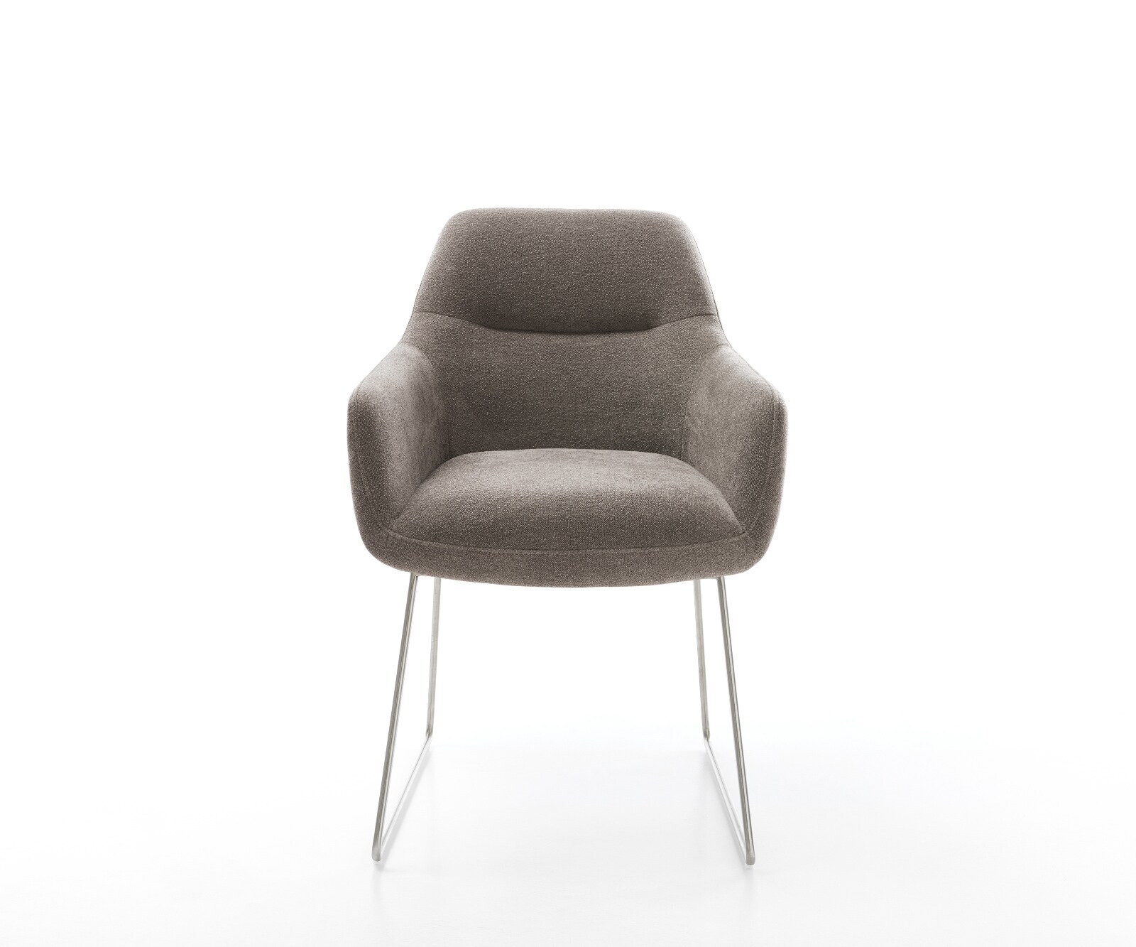 Chaise-de-salle-à-manger Pejo-Flex tissu structuré doux taupe pied trapèze acier inoxydable ressorts ensachés 1