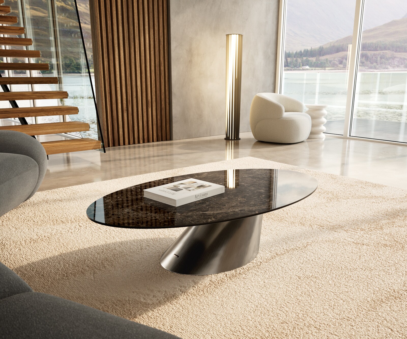 Table basse Edge Oval 140x80 cm céramique Laminam® Emperador Extra Lucidato brun foncé Conis acier inoxydable brossé