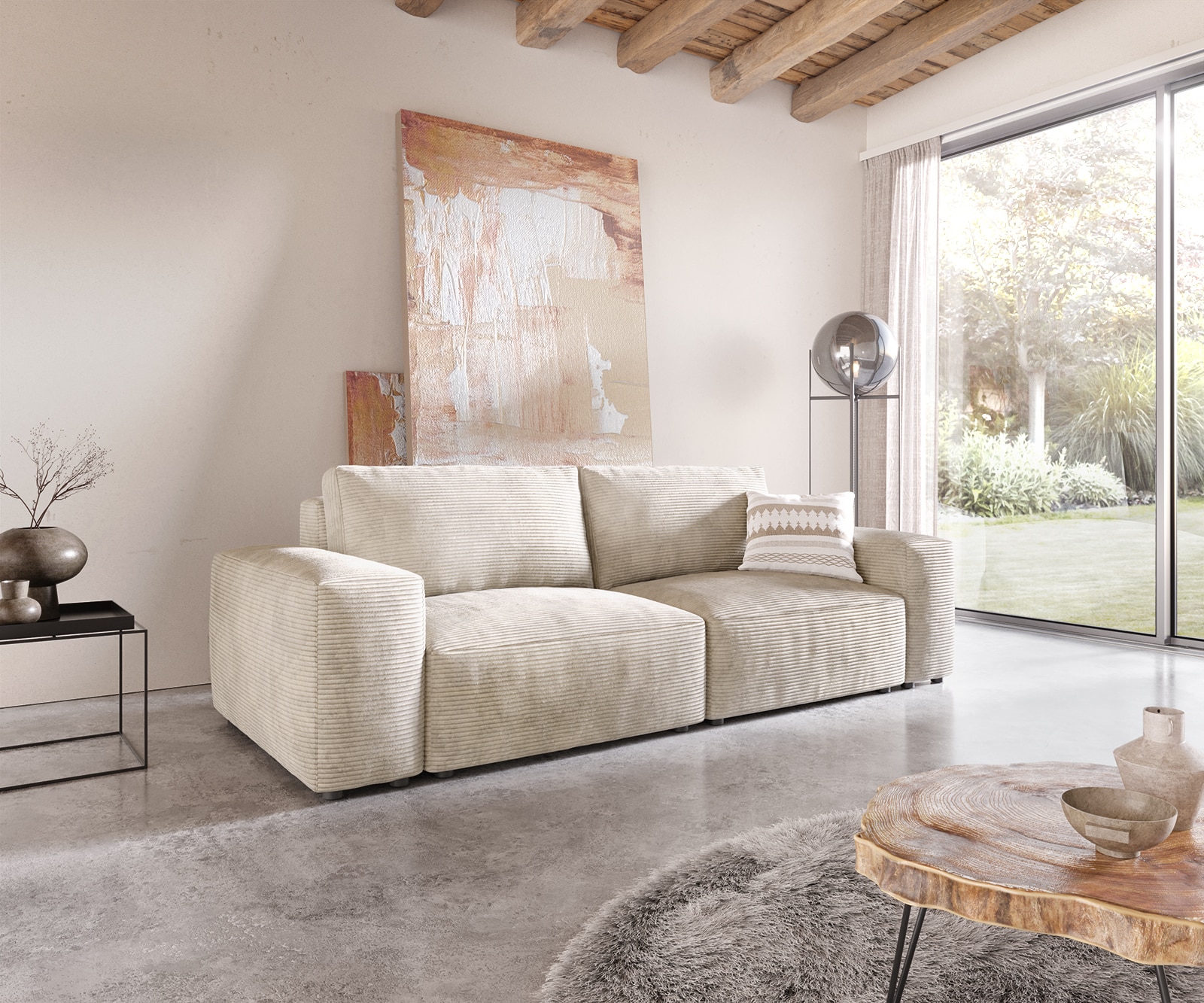 Big canapé Lanzo 230x95 cm velours côtelé beige
